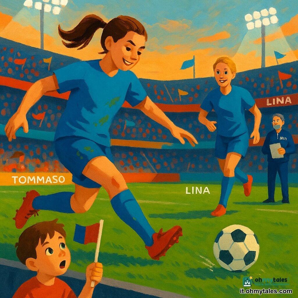Donna principale: calciatrice adulta, viso concentrato e sorridente, capelli castani raccolti in coda, maglia blu con macchie d'erba, mentre effettua un passaggio rasoterra preciso con il piede destro, postura dinamica; Donna secondaria: Lina, compagna di squadra ~25 anni, capelli biondi corti, espressione incoraggiante, pronta a controllare la palla a pochi metri; Ragazzo: Tommaso, 9 anni, occhi meravigliati, in tribuna bassa davanti con una piccola bandiera, come tifoso entusiasta; Uomo: allenatore Riva, ~50 anni, capelli brizzolati, sguardo fiero, tiene una scheda tattica in bordo campo; Luogo: grande stadio al tramonto, campo con segni di gioco, tribune colorate e bandiere al vento, fari accesi che proiettano ombre lunghe; Situazione: istante del passaggio decisivo, palla che scivola sull'erba verso Lina, riflessi di luce sul pallone, folla in piedi, tensione gioiosa come in una fotografia narrativa.