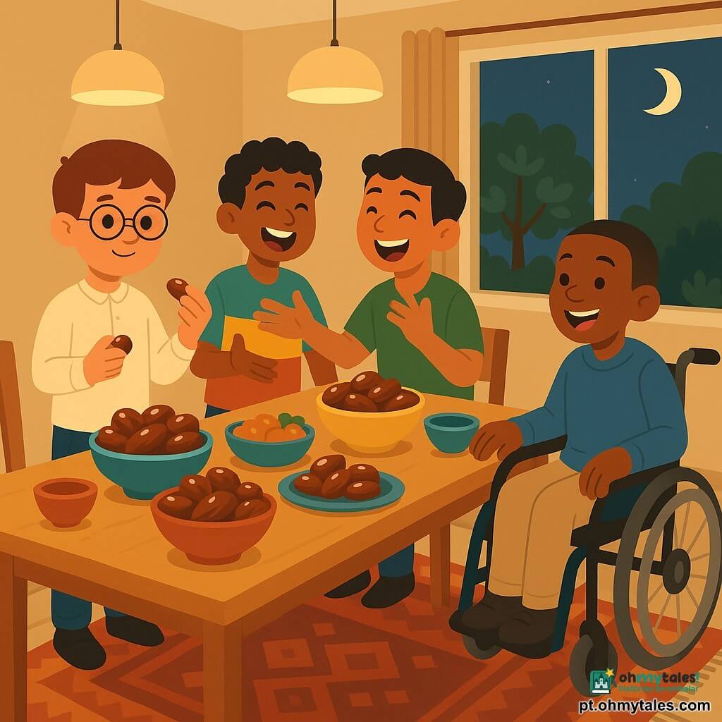Quatro meninos reunidos após o iftar numa sala de jantar acolhedora: Sami (9 anos, pele clara, óculos, segura uma pequena tâmara), Karim (9 anos, pele média, cabelo encaracolado, gesticula convidando), Tariq (9 anos, pele morena, camiseta verde, observa a tâmara maravilhado) e Yusuf (9 anos, pele escura, em cadeira de rodas, sorri e empurra a roda); grande mesa de madeira clara coberta de pratos coloridos e tigelas de tâmaras brilhantes ao centro, tapete persa, cortinas abertas deixando entrar a lua, luzes suaves pendentes, paredes cor de areia, ambiente calmo e alegre com gestos de partilha e risos.