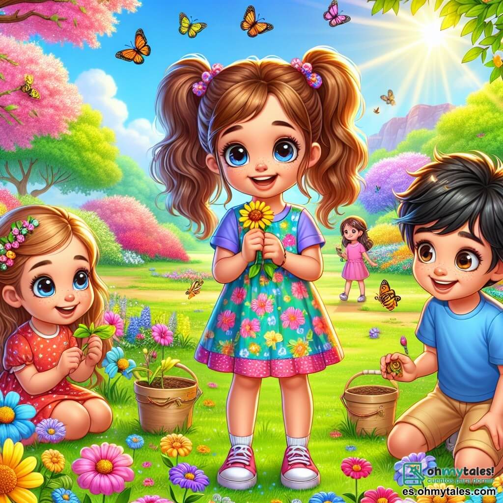 Una niña de 6 años, llamada Sofía, está en el centro de la imagen, con grandes ojos brillantes y una sonrisa radiante. Tiene el cabello largo y castaño, recogido en dos coletas, y lleva un vestido colorido con flores. Sofía sostiene una pequeña flor amarilla, maravillada por su belleza. A su lado, su amigo Juan, un niño de 6 años con cabello negro y gafas redondas, observa las flores con curiosidad. Lleva una camiseta azul y un pantalón corto beige, agachado examinando una flor de cerca. Un poco más lejos, Carla, otra amiga de 6 años con cabello rubio y una pequeña trenza, está de pie sonriendo y sosteniendo un pequeño balde lleno de tierra para plantar semillas. El lugar es un parque primaveral lleno de colores, con árboles en flor, césped verde y mariposas de colores volando alrededor. El cielo es azul y soleado, creando un ambiente alegre y cálido. La situación principal muestra a Sofía y sus amigos explorando la naturaleza, maravillados por las flores y los insectos, mientras se preparan para plantar semillas y hacer crecer sus propias flores.