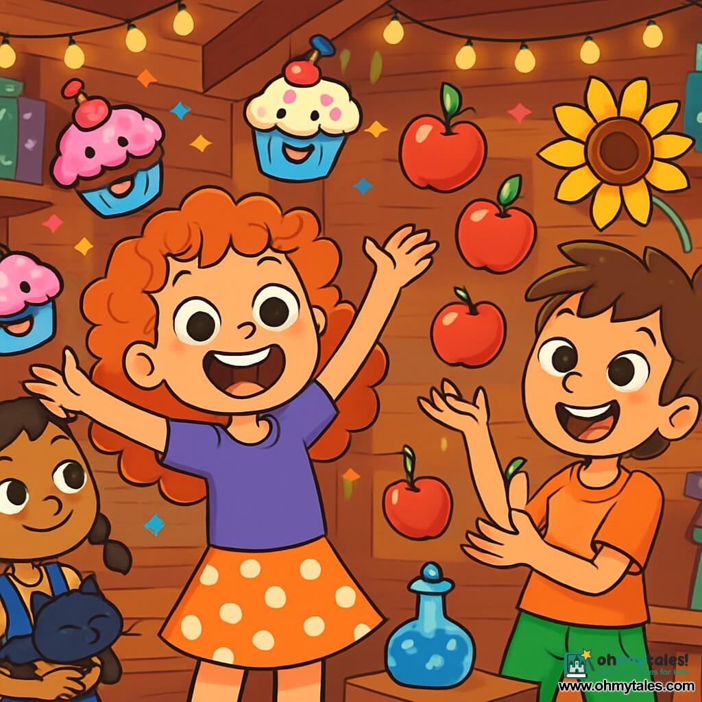 An 8-year-old girl, Molly, with big sparkling eyes and curly hair, is wearing a purple t-shirt and a polka dot skirt. She is laughing heartily with her arms raised, surrounded by smiling cupcakes floating around her. Next to her, Sam, a 9-year-old boy with messy hair and a mischievous smile, is juggling apples and a sunflower while trying not to drop the sunflower. Lucy, an 8-year-old girl with braids and a black cat curled around her arm, watches the scene with an amused smile. The setting is a charming wooden cabin filled with bright colors, with shelves loaded with magical books and sparkling potions. Strings of twinkling lights hang from the ceiling, and laughter echoes in the air. The main scene shows Molly and her friends preparing for their Magical Comedy Carnival, surrounded by cupcakes telling jokes, creating a joyful and playful atmosphere full of magic and laughter.