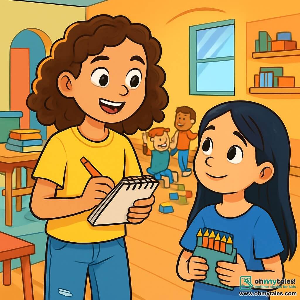 A 12-year-old girl, Ava, with curly brown hair and sparkling curious eyes, stands in the center of the image, a warm smile on her face. She wears a bright yellow t-shirt and ripped jeans, holding a notebook and a pencil, ready to take notes. Next to her is another 12-year-old girl, Layla, with long black hair, dressed in a blue dress, looking at Ava with admiration while holding a box of colored pencils. In the background, a welcoming space of the community center is visible, with brightly painted walls, tables filled with books and games, and children playing joyfully. The scene captures a moment of sharing and collaboration as Ava and Layla discuss their ideas to help their community, surrounded by an atmosphere of solidarity and hope.