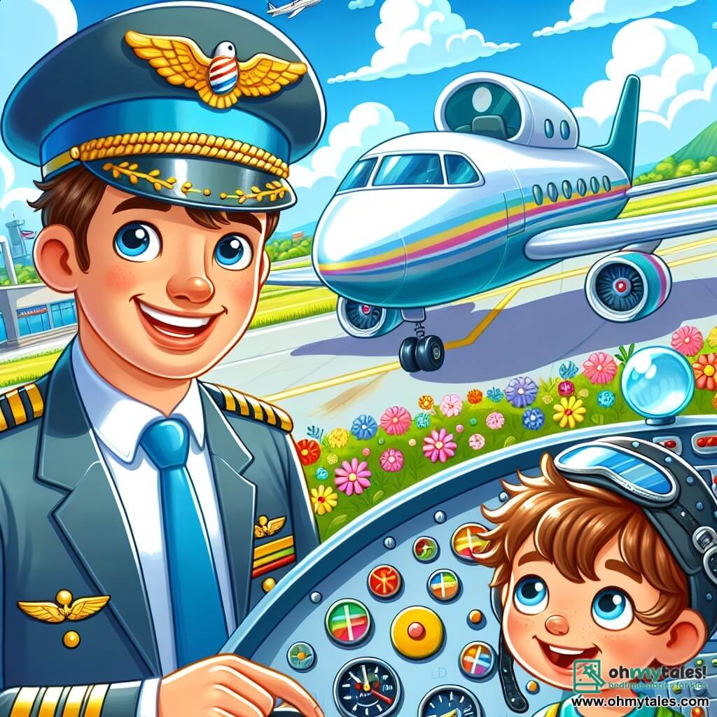 A smiling and enthusiastic man, Captain Tom, wears a bright blue uniform with a shiny hat. His eyes sparkle with joy as he stands next to his large silver airplane, ready for takeoff. Beside him is an 8-year-old boy named Sammy, with messy brown hair and a small aviator helmet, gazing in awe at the plane, his eyes wide with excitement. The setting is a sunny airport with a clear blue sky dotted with fluffy white clouds. In the background, green mountains and colorful flowers add life to the scene. The main situation shows Captain Tom and Sammy in the cockpit of the airplane, surrounded by shiny instruments and colorful buttons. Captain Tom joyfully explains how to fly, while Sammy listens attentively, his face lit up by the adventure.