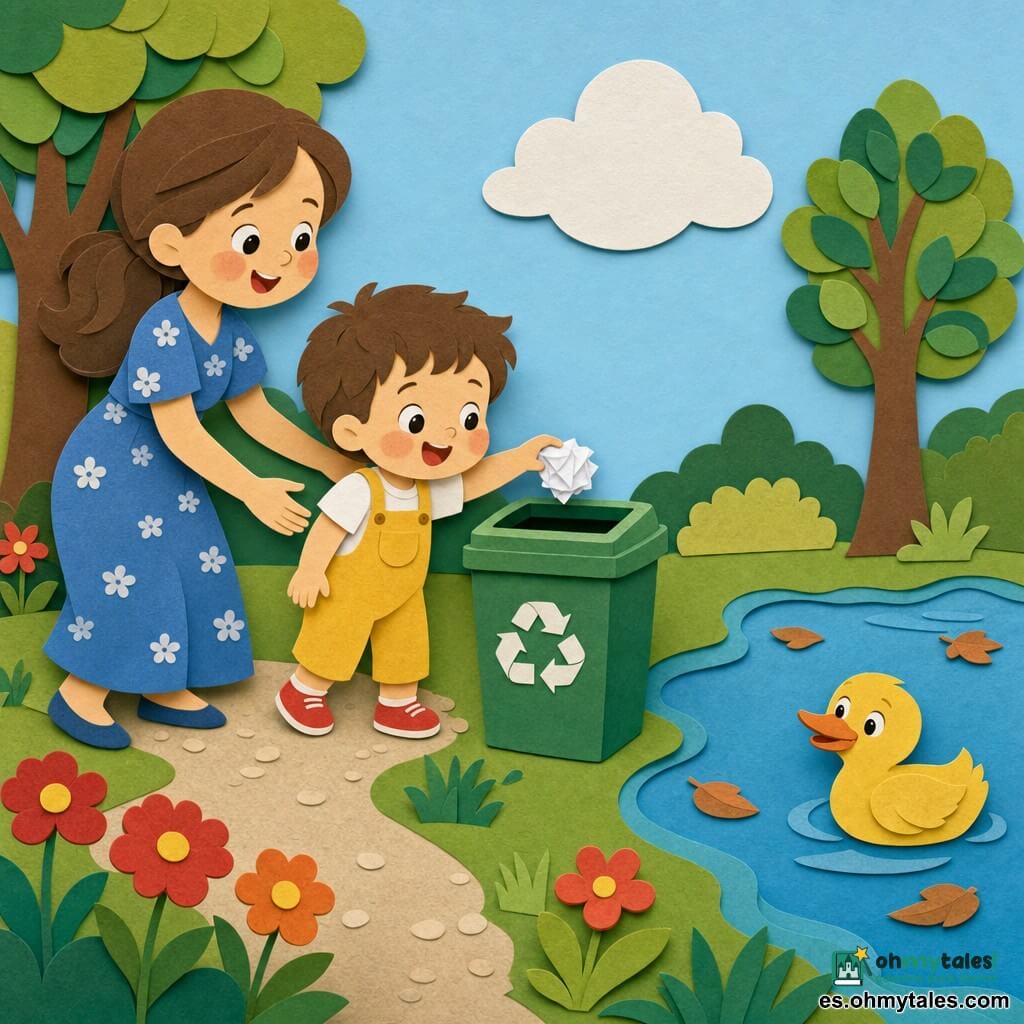 Un niño de 2 años, alegre y curioso, cabello castaño corto, mejillas redondas y sonrisa abierta, con un peto amarillo y zapatos rojos, deposita un papel arrugado en una pequeña papelera verde mientras su madre de unos 30 años, femenina y sonriente, con pelo largo recogido y vestido azul de estampado, se sitúa detrás y a la izquierda apoyándolo con la mano; un pato amarillo nada cerca del borde de un pequeño lago entre hojas marrones flotantes; el parque es luminoso con césped verde texturado, flores rojas y naranjas, un sendero de grava beige, árboles de hojas recortadas y un cielo azul claro con una nube blanca, escena suave de reciclaje alentada por la madre, colores contrastados y formas simples al estilo recortado.