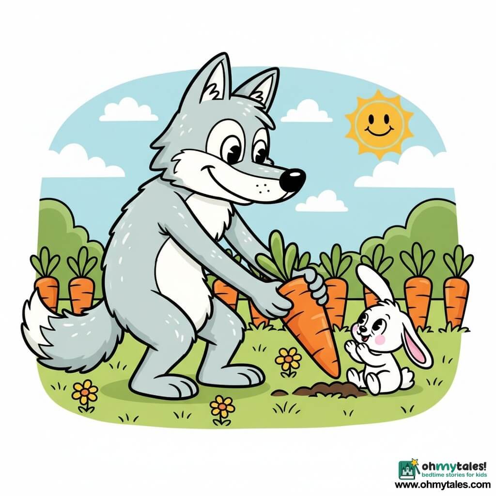 A large gentle fluffy wolf with shiny light gray fur, round friendly eyes and a tender smile gently pulls a big orange carrot from the ground with his front paws, while a small white bunny with long floppy ears, bright eyes and pink cheeks watches in wonder and claps, sitting on the grass beside him; the bright colorful garden features rows of orange carrots, soft green grass, a few yellow flowers and a pale blue sky with a smiling sun, creating a warm simple scene of sharing and joy with gentle gestures, rounded shapes, vivid colors and thick outlines in a retro cartoon style.