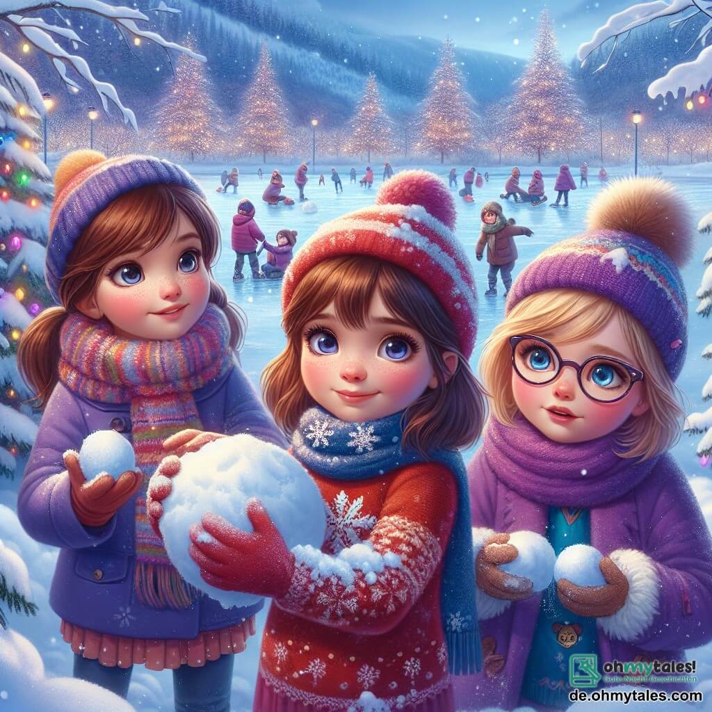 In einem verschneiten Park stehen drei neunjährige Mädchen zusammen, umgeben von funkelndem Schnee. Clara mit braunen Haaren und leuchtenden Augen trägt einen roten Pullover und eine Wollmütze. Sie lächelt, während sie eine große Schneeflocke in ihren Händen hält. Rechts von ihr ist Emma mit blonden Haaren und rosigen Wangen, die einen blauen Mantel und einen bunten Schal trägt und Schnee aufnimmt, um eine Schneekugel zu formen. Links steht Sophie mit kastanienbraunen Haaren und einer Brille, die einen lila Mantel und eine Bommelmütze trägt und bewundernd ihr Kunstwerk aus Schnee betrachtet. Der Park ist mit großen, schneebedeckten Bäumen gefüllt, und der Boden ist eine weite Fläche aus makellosem Weiß, übersät mit Fußspuren und kleinen Schneehaufen. In der Ferne gleiten Kinder über einen gefrorenen See, während funkelnde Lichter die Äste der Bäume schmücken und eine magische Atmosphäre schaffen. Die drei Freundinnen schaffen eine wunderschöne Schneeskulptur, indem sie Zweige und Tannenzapfen hinzufügen, um ihr Werk zu verschönern, während sie lachen und zusammen in dieser bezaubernden Winterlandschaft Spaß haben.