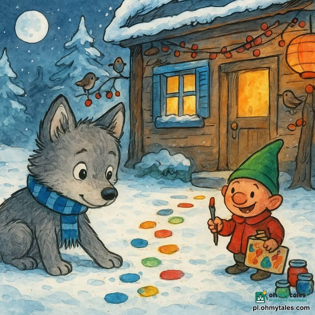 Mały wilczek (główny bohater) o miękkim szarym futerku i niebieskim paskowanym szaliku, z ciekawym, zachwyconym wyrazem, stawia łapę na świeżym śniegu i pochyla się, jakby właśnie przyszedł; psotny krasnoludek (postać drugorzędna), bardzo mały, z okrągłym czerwonym nosem, w zielonej spiczastej czapce i krótkim czerwonym płaszczu, śmieje się, trzymając kolorową tabliczkę, pędzel i słoiczki z farbą przy pniu drzewa; jako dodatkowy element: szereg lekkich śladów łap i kolorowe kamyki tworzą ścieżkę, kilka ciekawskich ptaków na pobliskich gałęziach obserwuje scenę; miejsce: zaśnieżony ganek przed drewnianym domkiem z niebieskimi okiennicami, ciepłe złote światło z okna, srebrny księżyc i świerki w śniegu w tle, girlandy czerwonych jagód i papierowe lampiony na gałęziach; główna sytuacja: nocne odkrycie namalowanego napisu radosne na wycieraczce i stworzenie ozdobnej ścieżki prowadzącej do drzwi, radosna, zabawowa i lekko magiczna atmosfera, kontrast między bielą śniegu, żywymi kolorami farb i ciepłem światła domu.