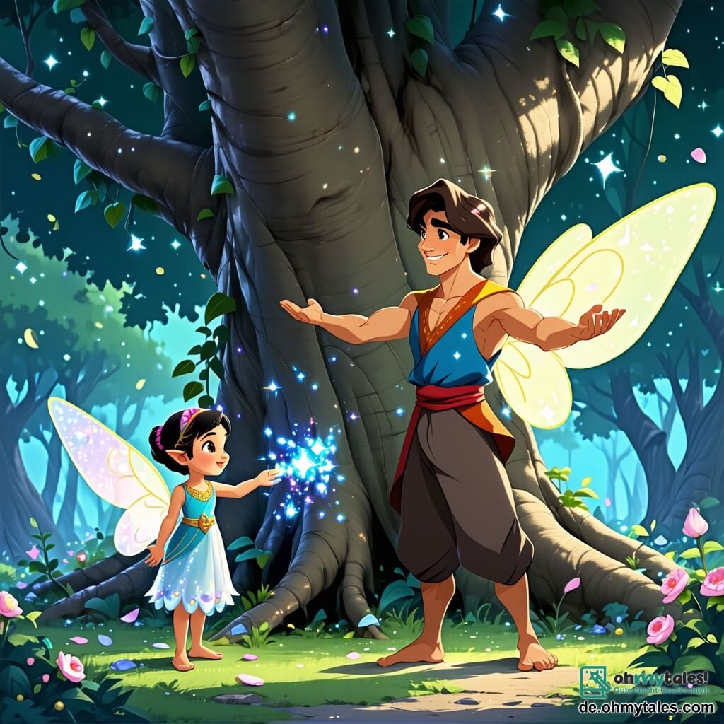 Aladdin, ein junger Mann mit braunen, lockigen Haaren, trägt eine farbenfrohe Tunika mit glitzernden Mustern. Sein Gesicht drückt Staunen und Entschlossenheit aus, während er vor einem großen magischen Baum steht, die Arme geöffnet, bereit, einen Wunsch zu äußern. An seiner Seite steht Lila, eine kleine Elfe mit durchsichtigen, glänzenden Flügeln, etwa 10 Jahre alt. Sie trägt ein Kleid aus Blütenblättern und schaut Aladdin mit einem strahlenden Lächeln an, während sie einen kleinen leuchtenden Stock in den Händen hält. Hinter ihnen beobachtet ein großer Drache mit grünen und goldenen Schuppen und sanften, neugierigen Augen die Szene interessiert und ist bereit, sie zu unterstützen. Der Ort ist ein glitzernder Feenwald, in dem die Bäume im Sonnenlicht wie Diamanten funkeln und bunte Blumen magische Lichter ausstrahlen. Lichtstrahlen filtern durch das Laub und schaffen eine verzauberte Atmosphäre. Die Hauptsituation zeigt Aladdin und Lila, Hand in Hand, bereit, einen Wunsch am großen magischen Baum zu äußern, während der Drache sie ermutigt, was die Freundschaft und das Abenteuer symbolisiert, die sie erwarten.