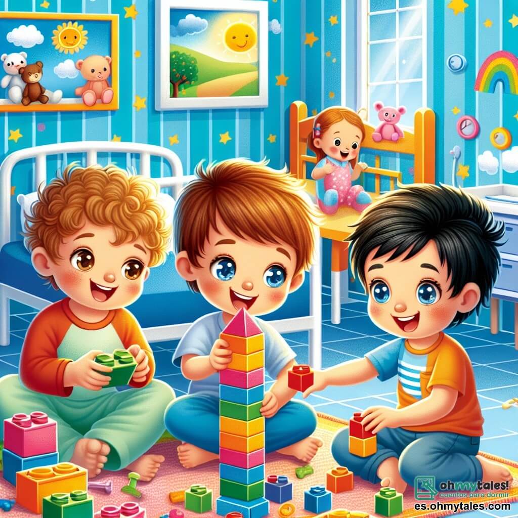 En una habitación de hospital colorida, tres niños están reunidos. Pablo, un niño de seis años con cabello castaño y ojos brillantes, está sentado en su cama, sonriendo alegremente. A su derecha, Diego, otro niño de seis años con cabello rizado y piel clara, sostiene un bloque de construcción, listo para jugar. A la izquierda, Luis, un niño de cinco años con cabello negro y gafas, observa con curiosidad los juguetes en la mesa. La habitación está decorada con paredes azul brillante, adornadas con dibujos de nubes y estrellas. Los tres amigos están construyendo una gran torre con bloques de colores vivos, riendo juntos mientras intentan no hacerla caer. La atmósfera es alegre y llena de energía, mostrando la fuerza de su amistad incluso en un lugar difícil.
