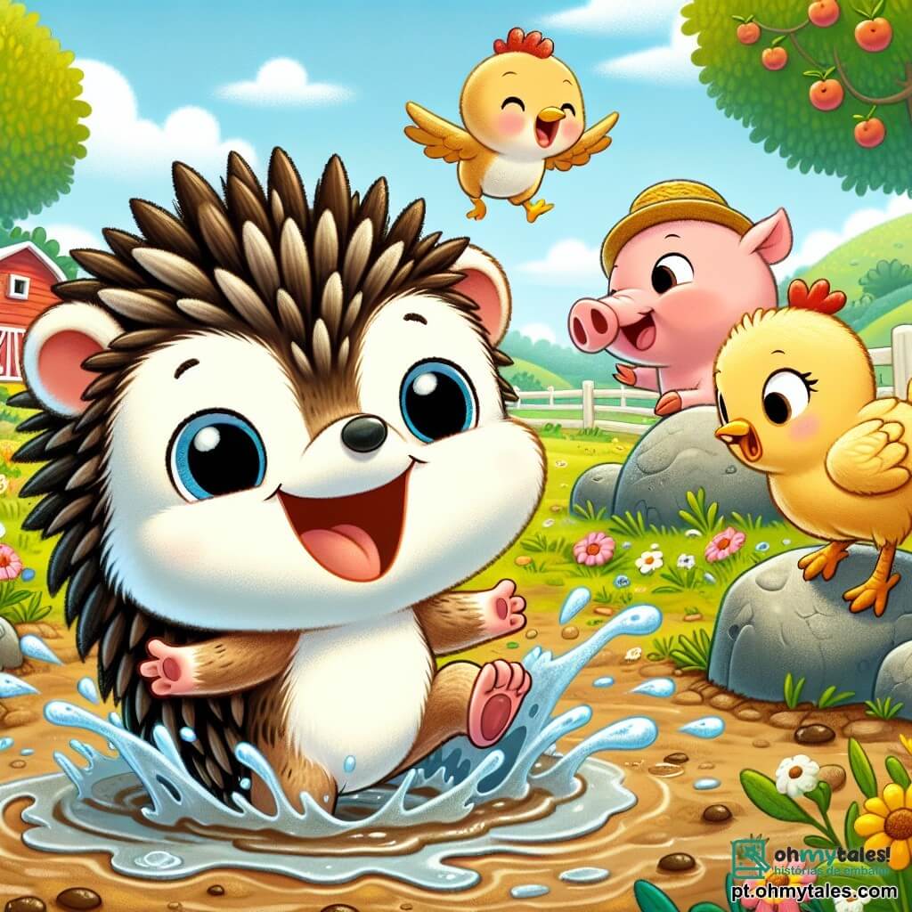 Um pequeno ouriço chamado Tico, com espinhos macios e um grande sorriso, está no centro da imagem, pulando alegremente em uma poça de lama, espirrando água ao seu redor. À sua direita, Gigi, a galinha com penas douradas, está em cima de uma pedra, cantando entusiasticamente, com as asas abertas, enquanto um sorriso radiante ilumina seu rosto. À esquerda, Pipo, o porquinho rosa com um pequeno chapéu de palha, ri alto, tentando não escorregar no chão lamacento. A cena acontece na charmosa e colorida Fazenda do Sorriso, cercada por campos verdes, flores vibrantes e um céu azul com nuvens brancas fofas. Ao fundo, vê-se um celeiro vermelho e árvores frutíferas carregadas de frutas suculentas. Tico e seus amigos se divertem pulando nas poças de água após a chuva, criando uma atmosfera alegre e cheia de risadas, ilustrando sua amizade e espírito brincalhão.