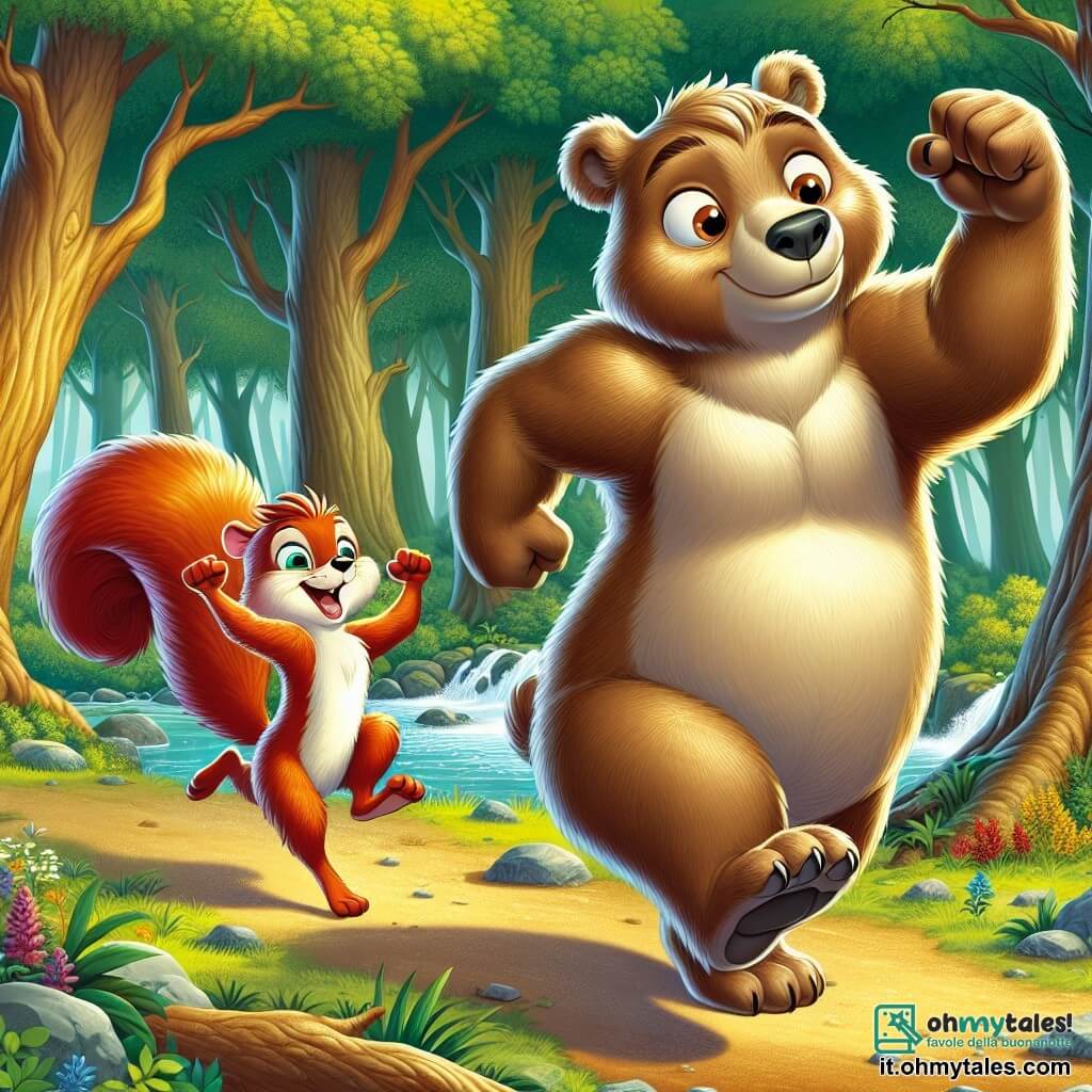 Un giovane orso bruno chiaro, di nome Bruno, si trova al centro della scena, con occhi brillanti di determinazione e un sorriso fiducioso sul volto. Sta correndo con energia, le sue zampe muscolose si slanciano sul terreno, mentre il suo pelo brilla sotto il sole dorato. Alla sua destra, un piccolo scoiattolo di nome Leo, con un pelo rosso vivo e una coda folta, salta gioiosamente, le braccia alzate in segno di incoraggiamento. Il suo viso è radioso di orgoglio e entusiasmo, mentre grida parole di incoraggiamento a Bruno. La scena si svolge in una foresta incantata, con grandi alberi dai tronchi robusti che si ergono maestosi e foglie verdi che formano un soffitto naturale. Fiori colorati punteggiano il terreno, e un ruscello scintillante scorre pacificamente nelle vicinanze, aggiungendo un tocco di magia all'ambiente. La situazione principale mostra Bruno, l'orso, in piena corsa durante una grande competizione tra gli animali della foresta, superando la sua paura e scoprendo la sua fiducia in sé, mentre Leo lo incoraggia con entusiasmo, creando un'atmosfera di cameratismo e supporto.