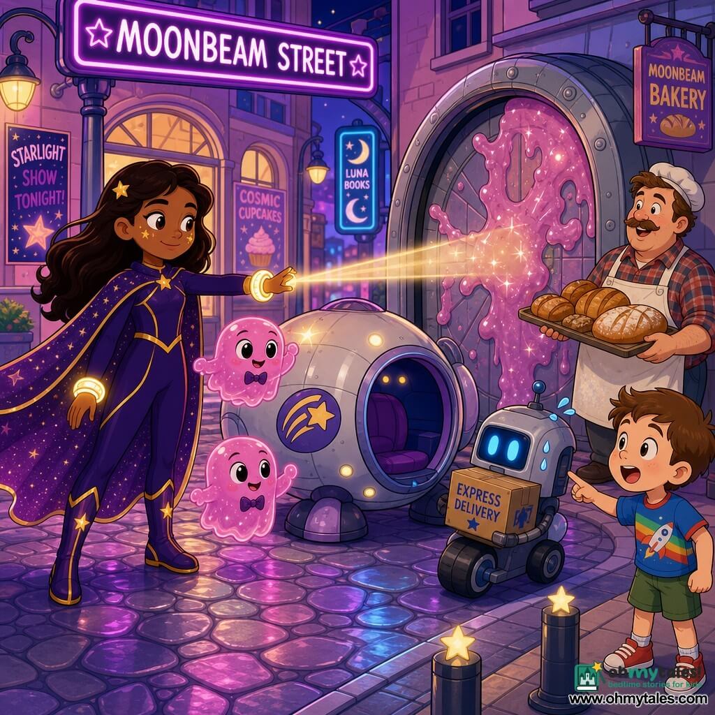 A confident, gentle female hero with warm expression, reassuring smile, brown skin and star-shaped freckles on her cheeks wears a midnight purple costume with shining gold lines and a sparkling starry cape; glowing round bracelets on her wrists project a soft beam that clears a glittering sticky web blocking a small metal tunnel door. Three small pink gelatinous genderless aliens, translucent and wearing tiny bow ties, float confusedly beside a round capsule parked in the middle of the neon-pastel cobbled Moonbeam Street lined with shiny glass buildings and colorful posters. A small silver courier robot with blue eyes and wheels blinks anxiously behind the capsule while a relieved 40-year-old baker in a floured apron and plaid shirt holds a tray of rolls on the sidewalk and a delighted six-year-old boy in a colorful T-shirt points from the opposite curb; the scene is warm, colorful, and clearly lit by violet evening reflections.