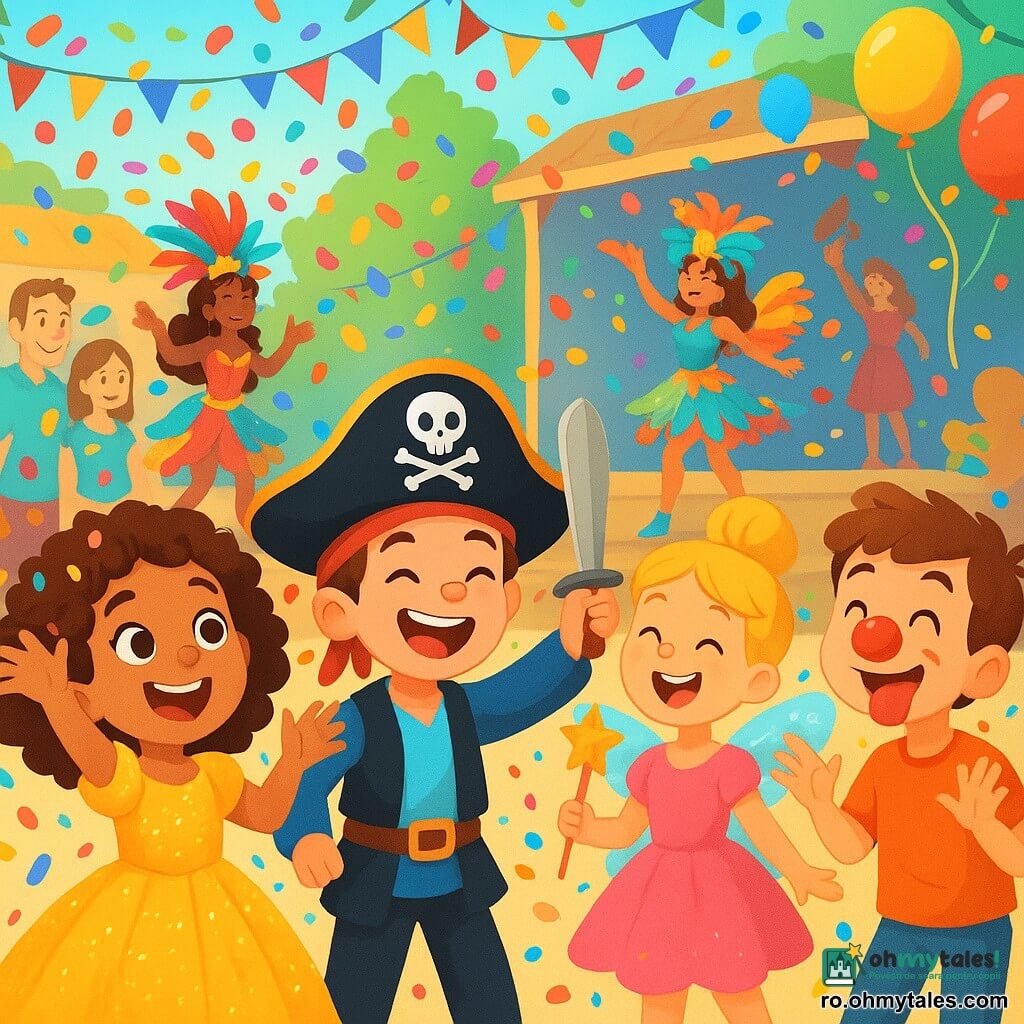 O fetiță de 8 ani, Ioana, cu părul creț și ochi strălucitori, zâmbește fericită aruncând confetti colorate în aer. Ea poartă o rochie de prințesă ornamentată cu sclipici care strălucește în soare. Lângă ea, Andrei, un băiat de 8 ani, este deghizat în pirat cu o pălărie neagră și o sabie din plastic, râzând în timp ce privește confetti cum zboară. Maria, o altă fetiță de 8 ani, este îmbrăcată în zână cu aripi strălucitoare și o baghetă magică, dansând cu entuziasm. Luca, un băiat de 8 ani, poartă un nas roșu de clovn și face grimase comice, aducând un plus de distracție. Scena are loc pe o piață animată, decorată cu ghirlande colorate și baloane, cu copii care dansează și râd în jurul lor. În fundal, o scenă este ocupată de dansatori de samba în costume strălucitoare, în timp ce părinți zâmbitori privesc petrecerea. Situația principală arată cum Ioana și prietenii ei, înconjurați de o ploaie de confetti multicolore, sărbătoresc cu bucurie carnavalul, plini de energie și fericire.