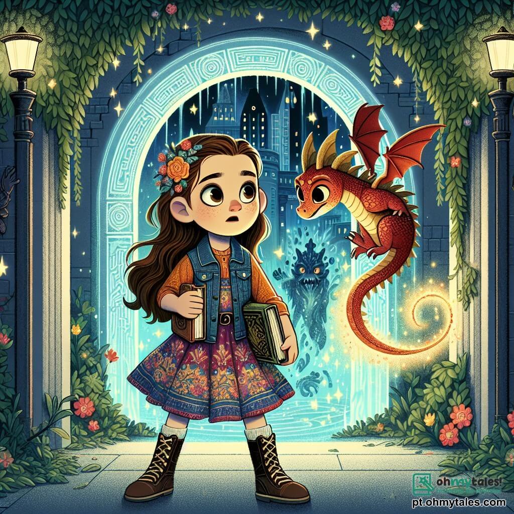 Uma menina de 12 anos, Clara, está no centro da imagem, com longos cabelos castanhos e olhos brilhantes de curiosidade. Ela usa um vestido colorido e um colete de denim, segurando um livro antigo nas mãos, seu rosto expressando determinação e maravilhamento. Ao seu lado, um pequeno dragão chamado Fogo, com escamas brilhantes de cor vermelha e dourada, bate as asas, pronto para voar, seus olhos cheios de bravura. Ao fundo, um velho portal mágico, cercado de hera e luzes cintilantes, emite um brilho misterioso, enquanto edifícios do estilo dos anos 1920 se erguem ao redor, criando um contraste entre o mundo moderno e o fantástico. Clara e Fogo se preparam para enfrentar uma criatura ameaçadora que emerge do portal, simbolizando a luta entre a magia e o perigo, em uma atmosfera ao mesmo tempo emocionante e cheia de mistério.