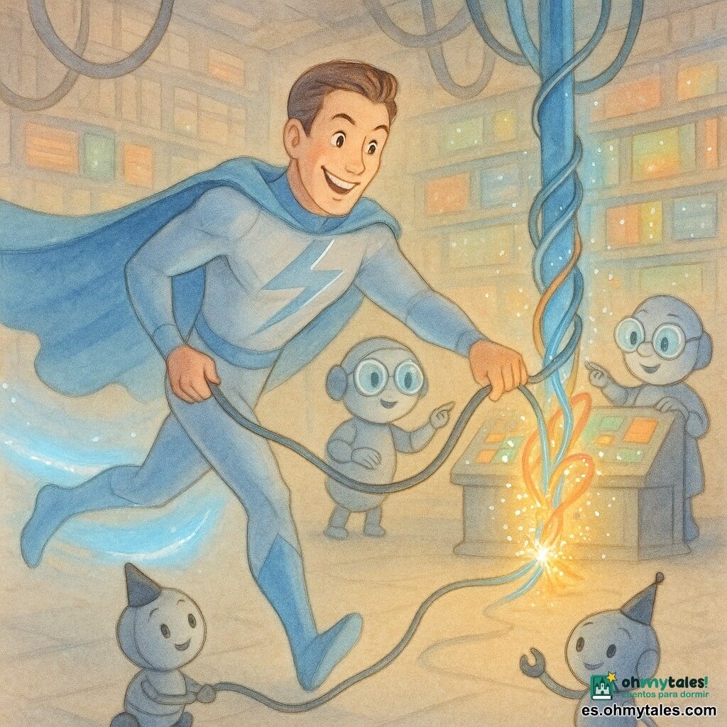 Un hombre alto, el superhéroe Relámpago Azul, alegre y concentrado, con sonrisa luminosa y traje plateado con franjas celestes y capa azul, corre dejando una estela azul mientras desenreda un grueso cable eléctrico; a su derecha, la robot mujer señora Chip, pequeña y redonda con gafas brillantes y gesto benevolente, señala una consola de pantallas coloridas desde una tarima; delante, el robot niño Bromista Voltio, diminuto sobre ruedas y con gorro de fiesta negro, ofrece un cable magnético con cara apenada pero sonriente; la escena transcurre en la Biblioteca de Datos, una gran sala con estantes digitales y cables colgantes, donde trabajan en equipo para reparar la Gran Conexión: chispas doradas y hilos de colores convergen, una luz azul sube por el cable principal y las pantallas se encienden una a una.