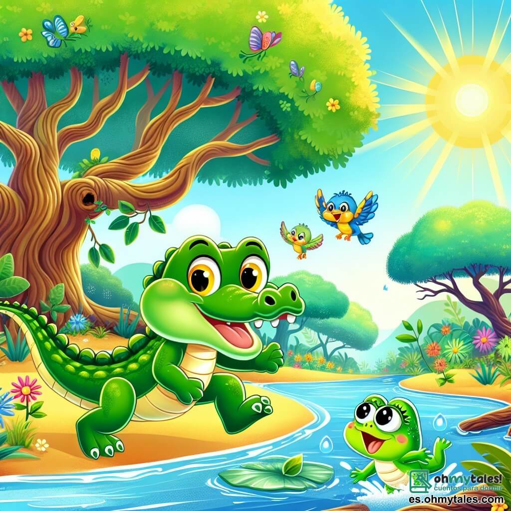 Un pequeño cocodrilo llamado Carlitos, con una piel verde brillante y grandes ojos amarillos, se encuentra al borde de un arroyo, mostrando una expresión de determinación y alegría. Utiliza su fuerte cola para mover ramas, ayudando a una pequeña rana llamada Rina, que es linda con su piel verde y ojos redondos, mientras salta alegremente a su lado. En el fondo, animales de la jungla como aves coloridas y ardillas curiosas observan la escena, añadiendo vida a la ilustración. El lugar es una jungla exuberante, con árboles gigantes, flores brillantes y un arroyo de aguas cristalinas que brillan bajo el sol. La situación principal muestra a Carlitos y Rina trabajando juntos para liberar a la rana de las ramas, simbolizando la ayuda mutua y la amistad en un entorno vibrante y mágico.