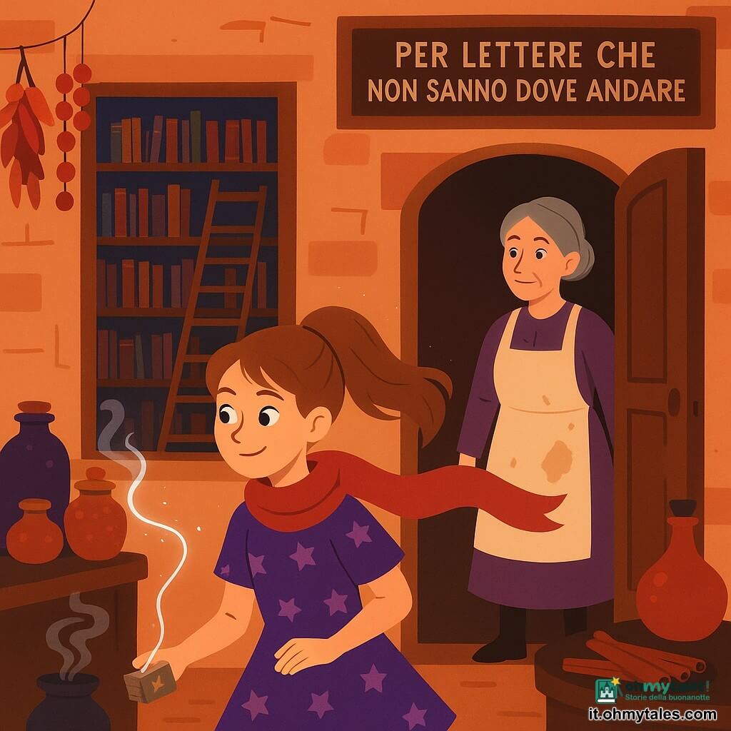 Una giovane strega di 12 anni, Lùmina, sguardo curioso e sorriso a mezza bocca, capelli castano chiaro raccolti in coda, vestito corto a motivi di stelle viola e sciarpa rossa svolazzante, tiene una piccola scatola di gessetti e segue con lo sguardo un filo d'argento luminoso che punta verso la vetrina; la zia Mirta (circa 60 anni), espressione benevola ma sorpresa, capelli grigi in chignon e grembiule macchiato di polvere magica, sta sullo sfondo vicino a una porta della cantina socchiusa come se avesse chiamato Lùmina; la vetrina mostra un riflesso impossibile: una grande biblioteca interna con scaffali alti in legno scuro, libri con dorature brillanti e una scala che sale da sola, il vetro alterna la strada normale e questa biblioteca incantata; la bottega è piena di oggetti magici: barattoli di vetro dai colori profondi, coni d'incenso che fumano in volute stilizzate, ghirlande di cannella e un grande cartello PER LETTERE CHE NON SANNO DOVE ANDARE; scena principale di scoperta visiva, il filo d'argento vibra e guida Lùmina verso la vetrina cangiante, atmosfera di sorpresa e meraviglia, colori caldi (ocra, rosso, viola) con accenti argentati, composizione centrata su Lùmina e la vetrina.