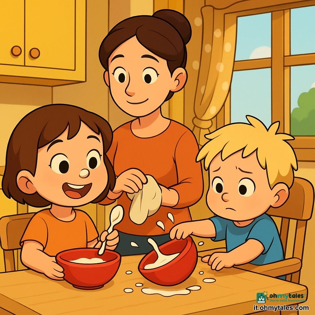 Bambina 2 anni molto sorridente, guance rotonde, capelli corti castani, occhi grandi e luminosi, tiene un cucchiaino bianco e ha una goccia di yogurt sul naso; fratellino 1 anno, capelli biondi arruffati, tira dolcemente una ciotola rossa seduto su un seggiolone accanto a lei; mamma adulta con capelli legati e sguardo tenero dietro il tavolo con un panno morbido pronta a pulire; cucina luminosa e calda, tavolo in legno chiaro, due ciotole rosse e blu, qualche macchia di yogurt, mobile giallo e finestra con tenda a pois; situazione: tira e molla giocoso per una ciotola, yogurt che schizza in piccole gocce comiche, atmosfera gioiosa e sicura.