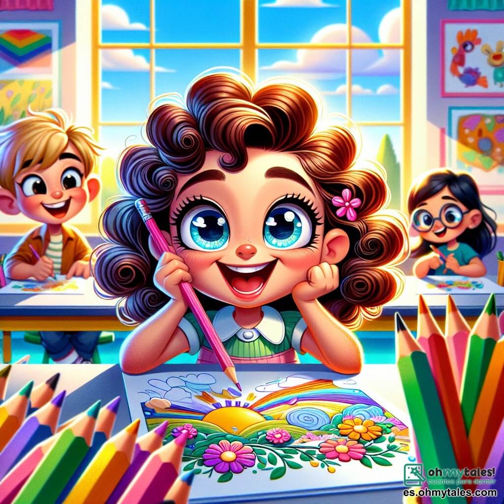 Una niña de 6 años, llamada Lana, se encuentra en el centro de la imagen, con grandes ojos brillantes y una sonrisa radiante, sus cabellos rizados y castaños flotando alrededor de su rostro alegre. Está sentada en una mesa, rodeada de lápices de colores brillantes, dibujando una gran tormenta colorida en una hoja de papel. A su derecha, su amigo Tomás, un niño de 6 años con cabello rubio y gafas redondas, observa con admiración, las manos en las caderas y una gran sonrisa en el rostro. A la izquierda, Ana, una niña de 6 años con cabello liso y negro, sostiene un lápiz rosa, lista para agregar flores a su propio dibujo, mirando a Lana con entusiasmo. El lugar es un aula luminosa, con paredes pintadas de amarillo brillante, ventanas que dejan entrar la luz del sol y carteles coloridos que representan animales y formas geométricas. En los escritorios, hay hojas de papel y lápices de colores esparcidos, creando una atmósfera creativa y alegre. La situación principal muestra a Lana, llena de confianza, transformando su dibujo inicial en una tormenta de colores vibrantes, rodeada de sus amigos que la animan, ilustrando así el tema de la confianza en sí misma y la creatividad.