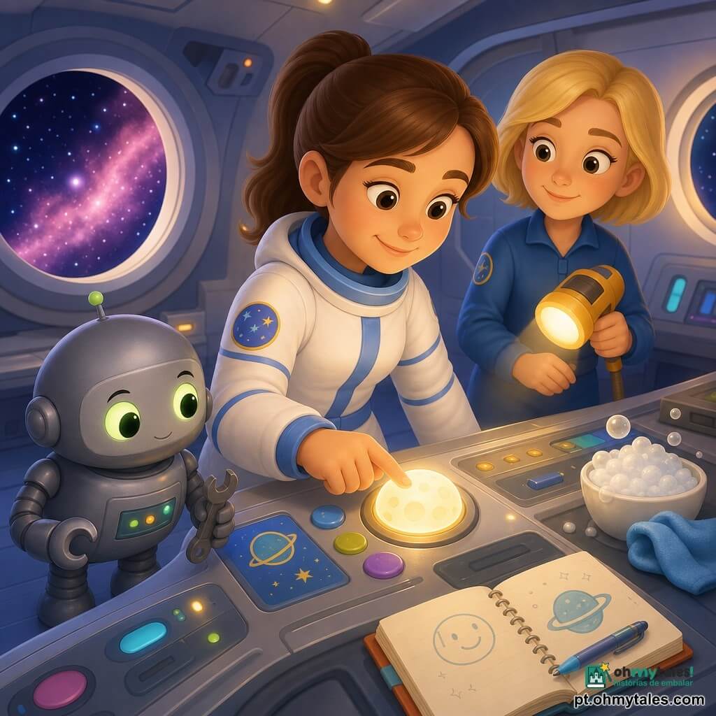 Lina, mulher adulta calma e sorridente, cabelos castanhos em rabo de cavalo, roupa espacial branca com detalhes azuis, pressiona suavemente um pequeno botão redondo que brilha como uma lua; Mimo, robô companheiro pequeno e atarracado, metal cinza fosco com olhos verdes luminosos, segura uma chave inglesa à esquerda de Lina com olhar curioso; Ana, amiga, mulher adulta de cabelo curto e loiro, segura uma lanterna portátil amarela e fica ligeiramente atrás de Lina iluminando o painel; cena numa pequena estação orbital acolhedora, paredes metálicas suaves, escotilhas redondas mostram estrelas cintilantes e um véu de nebulosa rosa; painel de controle limpo e brilhante, botões coloridos e visores simples, espuma de limpeza e pequeno caderno aberto ao lado; atmosfera suave e reconfortante, luzes quentes, paleta pastel com acentos azuis e amarelos, texturas lisas, composição centrada em Lina e no botão luminoso; estilo infantil, formas arredondadas e sorridentes, expressão de ajuda mútua e tranquilidade.