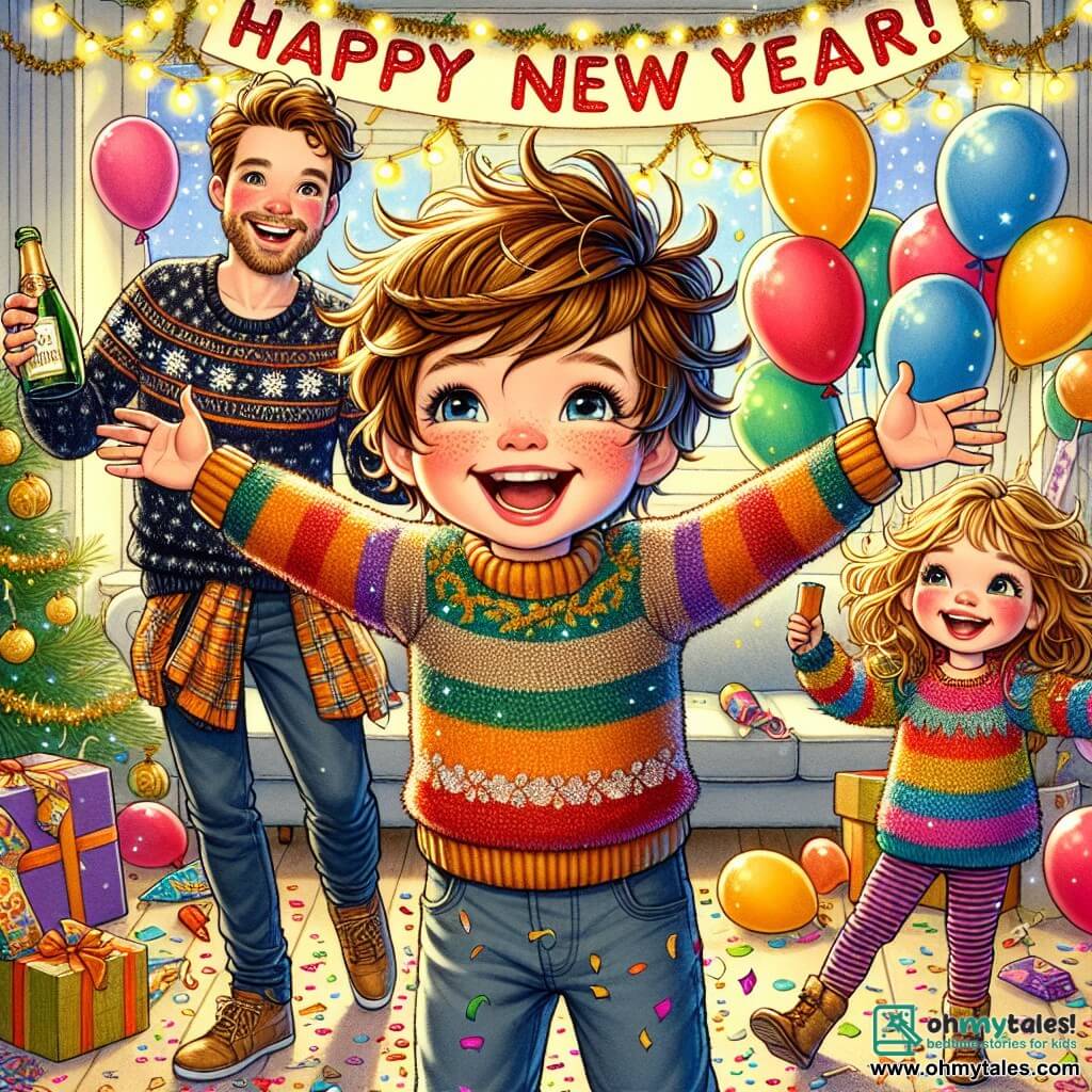 A 10-year-old boy, Max, with messy brown hair and sparkling eyes, stands in the center of the room, surrounded by colorful balloons and twinkling garlands. He has a wide smile, arms open, as if welcoming guests to a New Year's surprise party. To his right, his 6-year-old sister Lily, with golden curls and a mischievous face, holds a box of confetti, ready to throw it in the air. Their parents, a man and a woman in their thirties, stand proudly in the background. The father, with brown hair and a well-groomed beard, holds a bottle of sparkling cider, while the mother, with chestnut hair and a colorful sweater, adjusts a large "Happy New Year!" sign on the wall. The scene takes place in a cozy living room decorated with twinkling lights and gold and silver balloons. Crepe paper streamers hang from the ceiling, and a table is filled with delicious snacks. Max is about to let out a joyful shout to announce the start of the celebration, as the family prepares to welcome the new year together with laughter and love.