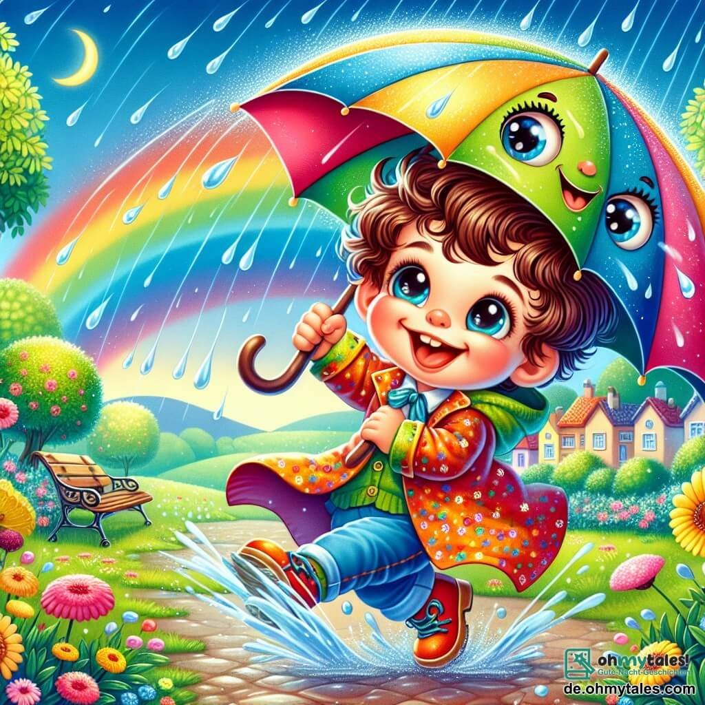 Ein kleiner Junge mit lockigem Haar und strahlenden Augen tanzt mit einem großen Lächeln im Gesicht unter dem Regen, während er einen bunten Regenmantel trägt und einen offenen Regenschirm über seinem Kopf hält, der Wassertropfen um ihn herum spritzt. Neben ihm lehnt ein fröhlicher, anthropomorpher Regenschirm mit runden Augen und einem breiten Lächeln leicht nach vorne, als ob er auch tanzen würde, seine bunten Ränder wehen im Wind und verleihen der Szene einen Hauch von Magie. Die Kulisse ist ein bezaubernder Park mit leuchtend grünen Bäumen, bunten Blumen, die im Regen wippen, und einem strahlenden Regenbogen, der sich hinter ihnen am Himmel erstreckt und die Landschaft in lebendige Farben taucht. Die Hauptsituation zeigt den Jungen und den Regenschirm, die gemeinsam unter dem Regen in einem fröhlichen Tanz Spaß haben und einen regnerischen Tag in ein Abenteuer voller Lachen und Freude verwandeln.