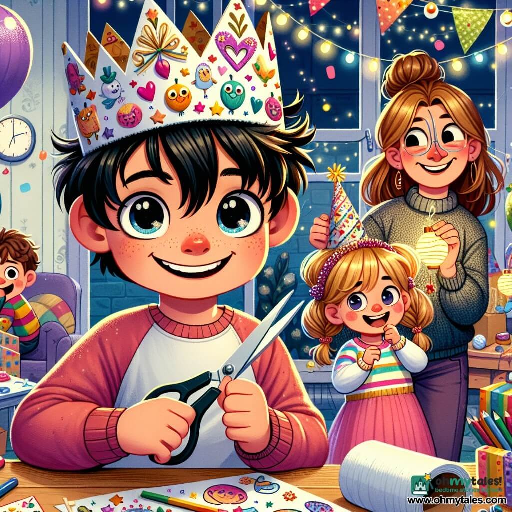A 10-year-old boy with messy black hair and sparkling curious eyes wears a paper crown decorated with colorful drawings and small bells that softly jingle. He proudly smiles, holding a pair of scissors and a roll of shiny paper. Next to him, his 6-year-old sister with braided blonde hair and a round face holds up a lit paper lantern, her eyes shining with excitement. Their mother, a woman in her thirties with brown hair in a bun, stands in the background smiling, holding a tray of decorated New Year cookies. The scene takes place in a cozy living room adorned with colorful string lights, balloons, and a large clock on the wall, with its hands nearing midnight. Colorful papers and crayons are scattered on the table, showing the festive preparations. The boy and his sister are creating decorations for the New Year celebration, surrounded by a joyful and bright atmosphere filled with laughter and promises for the coming year.
