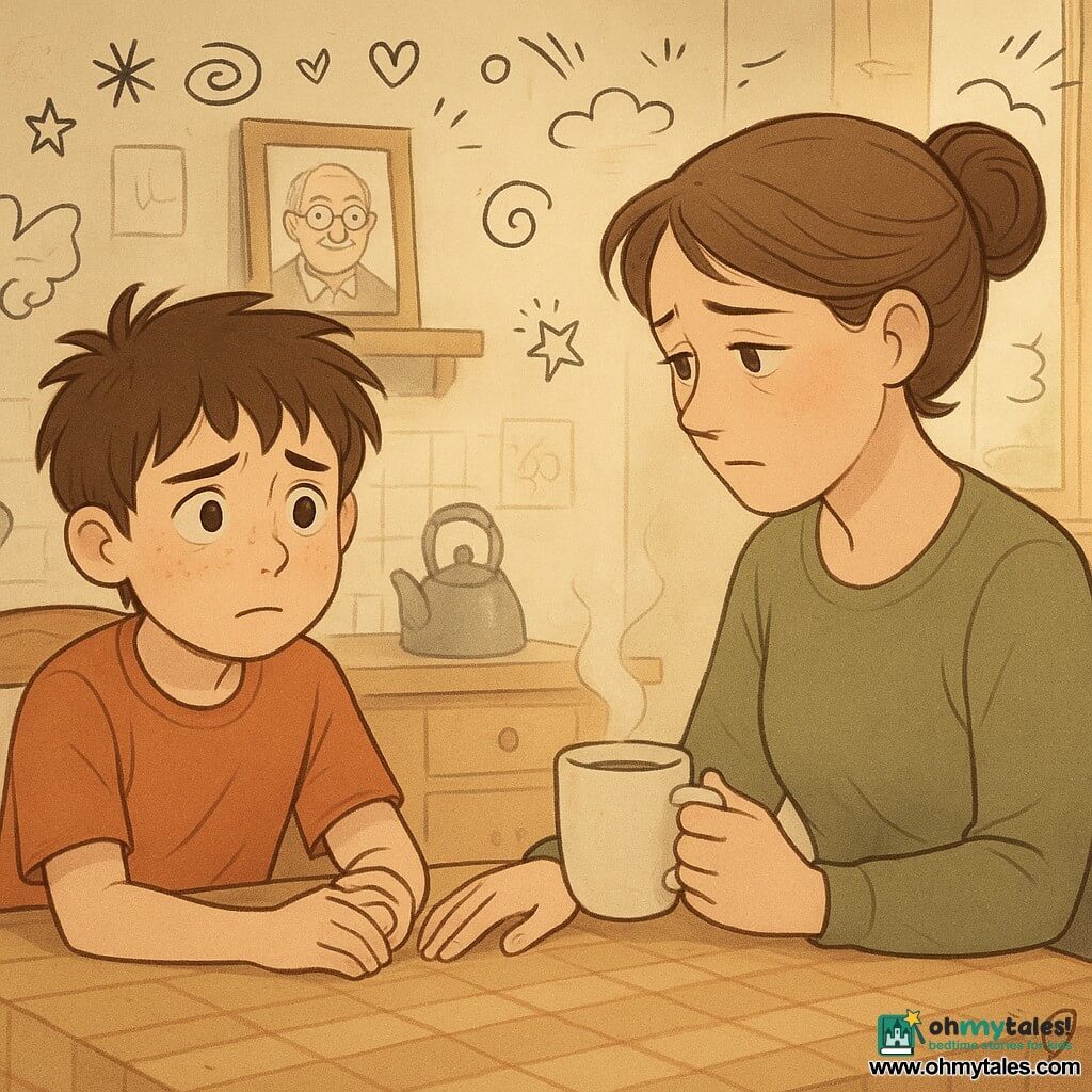 A 12-year-old boy with a round freckled face and messy brown hair, eyes bright and confused, sits on a wooden chair gripping the table edge; across from him his mother (about 35) with chestnut hair in a bun, pale and tired but gentle, has one hand near his on the table and the other holding a warm cup of tea; in the blurred background a framed photo of a smiling grandfather with grey hair and round glasses sits on a shelf; a small warm kitchen with a light-wood table and checkered cloth, soft light through the window, a kettle on the counter, a faint overturned cup and children's drawings on the walls; the scene captures a quiet, tender moment of shared silence after bad news.