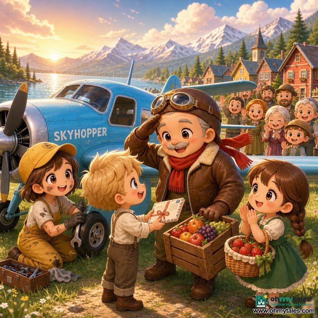 A fifty-year-old pilot with a round face, thin gray mustache and warm smiling eyes, wearing a light brown aviator jacket and red scarf, stands by his small sky-blue plane marked "SKYHOPPER," greeting villagers as he sets down a crate of fruit; a 28-year-old mechanic named Mia with short brown hair, a yellow cap and a playful, caring expression checks a wheel with slightly grease-stained hands; a nine-year-old blond boy with tousled hair and a wide grin holds a ribbon-tied letter, looking up at the pilot admiringly; a seven-year-old girl with brown braids in a green dress claps while holding a basket of strawberries beside him, other villagers blurred in the background; setting: a small grassy airstrip by a sparkling lake with distant snowy mountains, pastel blue sky and fluffy clouds, colorful wooden houses and fir trees; mood: a warm, friendly sunset landing with exchanges of crates and letters, smiles and welcoming gestures, warm colors and clear contrasts for a cute, reassuring effect.