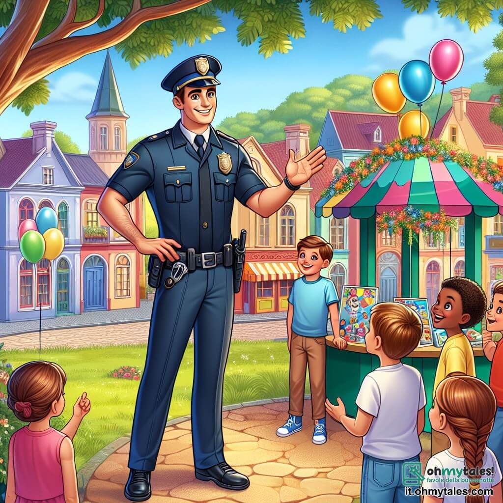 Un poliziotto uomo, di circa trent'anni, con una silhouette atletica, indossa un impeccabile uniforme blu navy. Il suo viso è sorridente e rassicurante, con occhi pieni di determinazione. Si trova vicino a un gruppo di bambini, gesticolando con entusiasmo per spiegare l'importanza delle regole di sicurezza. Tra i bambini, un ragazzo di 10 anni, con i capelli castani arruffati, ascolta attentamente, gli occhi spalancati dalla curiosità. Una ragazza di 11 anni, con trecce e un sorriso brillante, alza la mano per fare una domanda, mostrando il suo interesse. La scena si svolge in una graziosa piazza di paese, circondata da edifici colorati, con un grande albero ombreggiante e un chiosco decorato con festoni. Palloncini fluttuano nell'aria, aggiungendo un tocco festoso all'atmosfera. La situazione principale mostra il poliziotto mentre dirige un'attività interattiva con i bambini, facendogli scoprire gli strumenti del suo lavoro, mentre un bambino, visibilmente emozionato, racconta come ha perso la sua bicicletta.