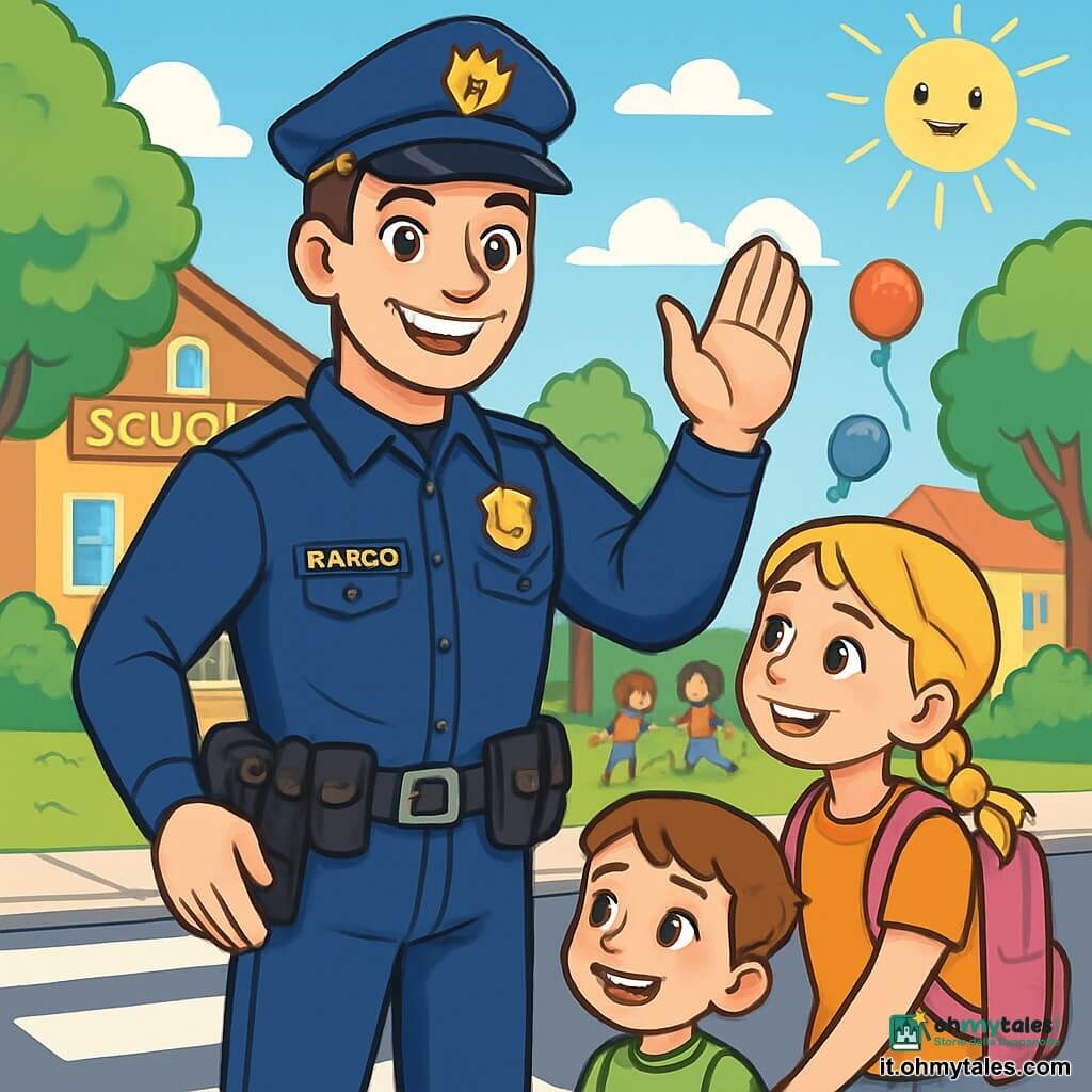 Un poliziotto di nome Marco, sorridente e sicuro di sé, indossa una divisa blu brillante con una cintura piena di attrezzi. Ha i capelli corti e castani e occhi pieni di determinazione. Marco si trova davanti a una scuola, alzando la mano per salutare i bambini che attraversano la strada in sicurezza. Accanto a lui, una ragazza di circa 10 anni, con capelli biondi intrecciati e uno zaino rosa, guarda Marco con ammirazione. Tiene per mano un bambino di 6 anni, con capelli castani e occhi curiosi, che sorride guardando il poliziotto. Il luogo è una strada animata, fiancheggiata da alberi verdi e case colorate. Palloncini fluttuano nell'aria e i bambini giocano sul marciapiede, mentre il sole splende in un cielo blu chiaro. La scena principale mostra Marco che aiuta i bambini ad attraversare la strada in sicurezza, con un'espressione gioiosa e protettiva, mentre i genitori li osservano con un sorriso di fiducia.