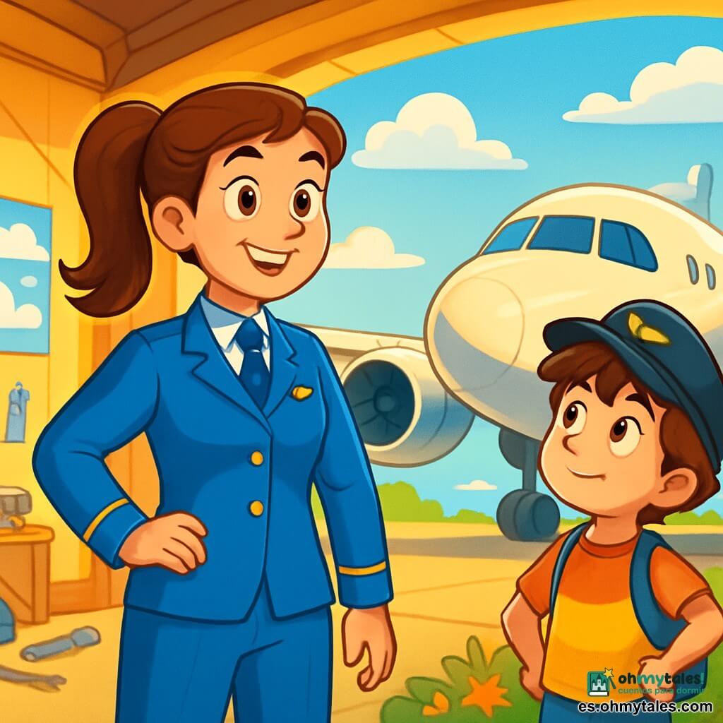 Una piloto mujer, Valeria, sonriente y confiada, lleva un uniforme azul brillante que resplandece bajo el sol. Tiene el cabello castaño recogido en una coleta y sus ojos brillan de emoción. Está al lado de un gran avión con alas majestuosas, lista para despegar. A su lado, Pablo, un niño de 10 años con el cabello castaño alborotado y ojos curiosos, observa el cielo con asombro. Lleva una gorra de piloto y una camiseta colorida. Se mantiene un poco atrás, con las manos en las caderas, admirando a Valeria. El lugar es un hangar espacioso, lleno de luz dorada, con herramientas de pilotaje esparcidas y posters de nubes en las paredes. El avión, brillante e imponente, está estacionado en la pista, rodeado de vegetación y flores coloridas. La situación principal muestra a Valeria y Pablo listos para volar, con nubes suaves y esponjosas en el cielo azul, simbolizando la aventura que les espera. Valeria explica con entusiasmo los preparativos del vuelo, mientras Pablo la escucha con ojos maravillados, lleno de curiosidad y admiración.