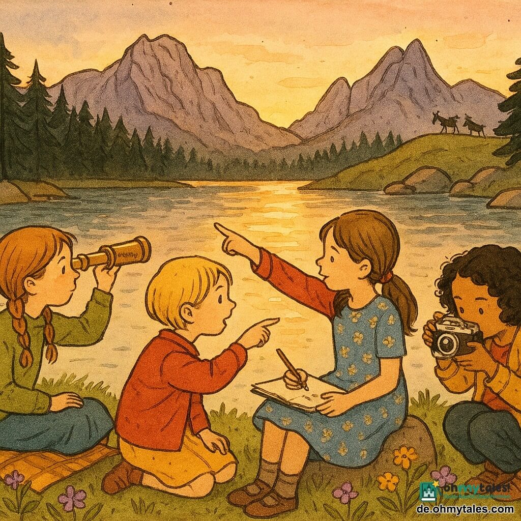 Vier Mädchen: Mia (~10) mit hellbraunen Zöpfen, olivgrünem Pulli und kleinem Metallfernrohr, Leni (~9) mit kurzen blonden Haaren und roter Jacke, die auf einen goldenen Seeaufglanz zeigt, Sophie (~10) mit braunen Pferdeschwanz und blauem Blumenkleid, die in einem Skizzenbuch zeichnet, und Emma (~9) mit schwarzen Locken und senfgelbem Gilet, die ein altes silbernes Fotoapparat hält; Ort: Bergseeufer (Durmitor) bei Dämmerung, ruhiges Wasser, grasbewachsene Ufer mit violetten und gelben Wildblumen, glatte Felsen, Kiefern- und Gipfelsilhouetten, ein paar Ziegen in der Ferne; Szene: die vier schauen gemeinsam den Sonnenuntergang an, warme, vertraute Stimmung, glitzernde Spiegelungen, sanftes Abendlicht; Stil: farbige Tusche, feine Linien, weiche Aquarell-Waschung, sichtbare Papiertextur, warme Palette, Querformat.