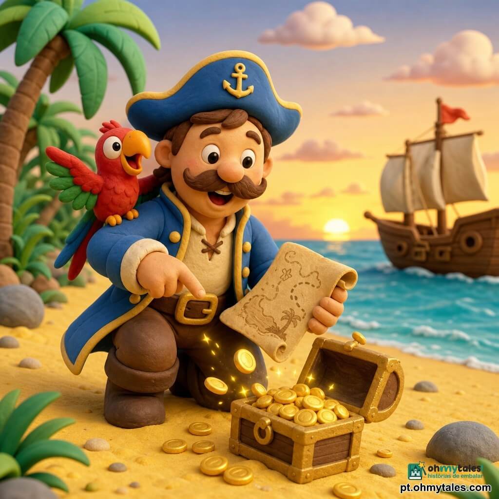 O capitão João, alegre e orgulhoso, rosto redondo, bigode castanho e chapéu azul, segura um mapa e aponta para uma pequena caixa dourada; um papagaio vermelho e verde no ombro direito; cena numa praia de ilha tropical com areia clara, palmeiras curvas, mar turquesa e um pequeno barco de madeira ao fundo; o capitão abre a caixa e moedas brilhantes saltam, atmosfera alegre, cores vivas, contornos suaves e luz quente de fim de tarde.