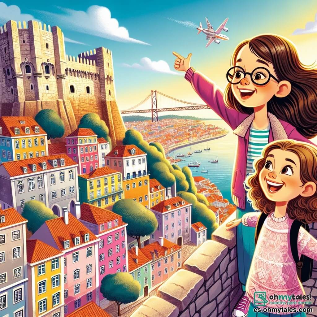 Clara, una niña de diez años con cabello castaño y gafas, está en la cima del Castillo de San Jorge, con los brazos abiertos, maravillada por la vista. A su lado está Sofía, una niña de su edad con cabello rizado y una sonrisa radiante, que señala un edificio colorido abajo. En el fondo, el Castillo de San Jorge es majestuoso, con sus muros de piedra y torres que dominan la ciudad de Lisboa. Las casas coloridas con fachadas brillantes, que van del rosa al amarillo, se extienden abajo, mientras que el río Tajo brilla bajo el sol. La escena principal muestra a Clara y Sofía, dos amigas que exploran juntas el castillo, compartiendo risas y descubrimientos, simbolizando el espíritu de aventura y amistad que nace durante los viajes.