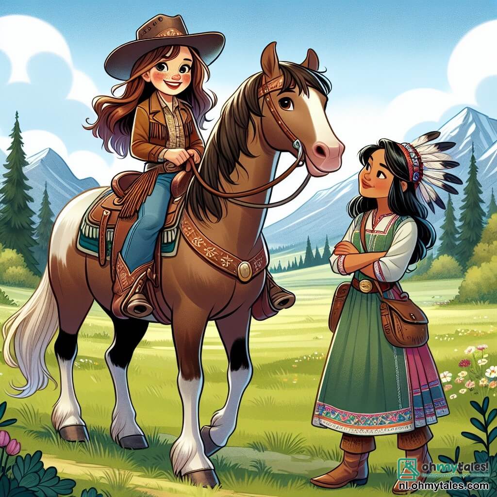 Op de voorgrond staat Lila, een jonge cowgirl van ongeveer 12 jaar, trots op haar paard Blaze. Ze draagt een brede cowboyhoed, een bruine leren jas en stevige laarzen. Haar gezicht straalt met een grote glimlach, die haar vastberadenheid en vreugde om op avontuur te zijn, laat zien. Haar kastanjebruine haar waait in de wind terwijl ze enthousiast naar de horizon kijkt. Naast haar staat Asha, een jongedame van ongeveer 15 jaar, met haar armen over elkaar en een vriendelijke glimlach. Ze draagt een kleurrijke jurk met traditionele patronen en heeft veren in haar haar. Asha kijkt met bewondering naar Lila, klaar om haar te helpen in hun volgende avontuur. De achtergrond toont een uitgestrekte groene prairie, bezaaid met wilde bloemen en grote bomen. In de verte staan majestueuze bergen onder een stralende blauwe lucht met enkele drijvende witte wolken. De zon schijnt en creëert een warme en uitnodigende sfeer. De situatie toont Lila en Asha die hun volgende avontuur plannen en enthousiast bespreken welke uitdagingen ze samen in de wilde natuur kunnen aangaan.