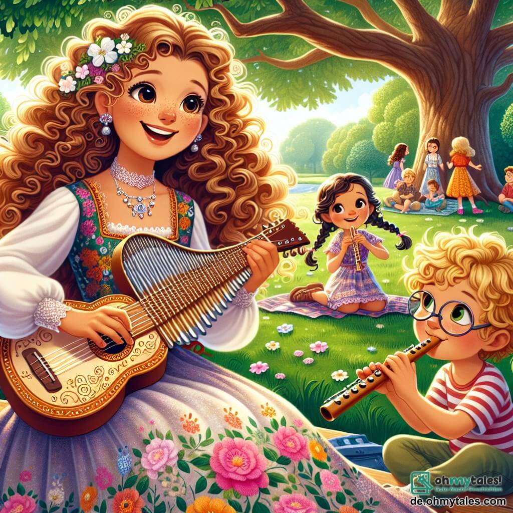 Mia, eine junge Frau mit langen, lockigen Haaren, strahlt vor Freude, während sie ihr geheimnisvolles Instrument, den "Saitenwind", spielt. Ihr Gesicht ist von einem strahlenden Lächeln erleuchtet, und sie trägt ein buntes Kleid mit floralen Mustern, während sie auf einer Bank unter einer großen Eiche sitzt. Emil, ein etwa 8-jähriger Junge mit funkelnden Augen und runden Brillen, sitzt neben ihr und hält eine Gitarre. Er schaut Mia bewundernd an, bereit, seine erste Note zu spielen. Lena, ein 7-jähriges Mädchen mit geflochtenen Haaren, steht etwas weiter weg, hält eine Flöte und hört aufmerksam Mias Ratschläge. Der Park ist grün und sonnig, mit bunten Blumen, die im Wind tanzen. Kinder spielen um sie herum, und Eltern setzen sich auf Decken, um die Darbietung zu genießen. Die Szene zeigt Mia, die den Kindern beibringt, Musik zu spielen, und schafft eine magische und fröhliche Atmosphäre, erfüllt mit Lachen und Melodien.