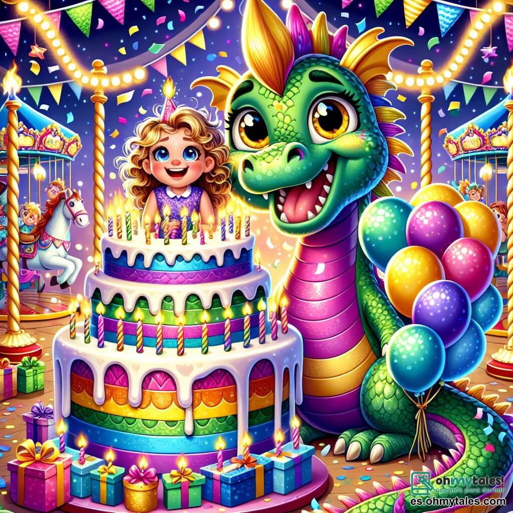 Ilustración que representa a un joven dragón de escamas brillantes que cambian de color según sus emociones. Tiene ojos dorados que brillan de alegría y una amplia sonrisa, mientras sostiene un gran pastel de cumpleaños decorado con velas centelleantes. A su lado, una niña de cabello rizado dorado y ojos llenos de emoción, vestida con un vestido colorido y sosteniendo globos multicolores, sonríe ampliamente, compartiendo la alegría del momento. El escenario se sitúa en un parque de atracciones mágico, lleno de atracciones coloridas, luces brillantes y risas infantiles. Guirnaldas de flores y estrellas de papel decoran el espacio, creando una atmósfera festiva y mágica. La escena principal muestra al dragón y a la niña celebrando un cumpleaños sorpresa rodeados de amigos, con risas y felicidad en el aire. Elementos gráficos adicionales incluyen confeti flotando, regalos coloridos apilados junto al pastel y fuegos artificiales iluminando el cielo nocturno, añadiendo un toque de magia a esta celebración alegre.