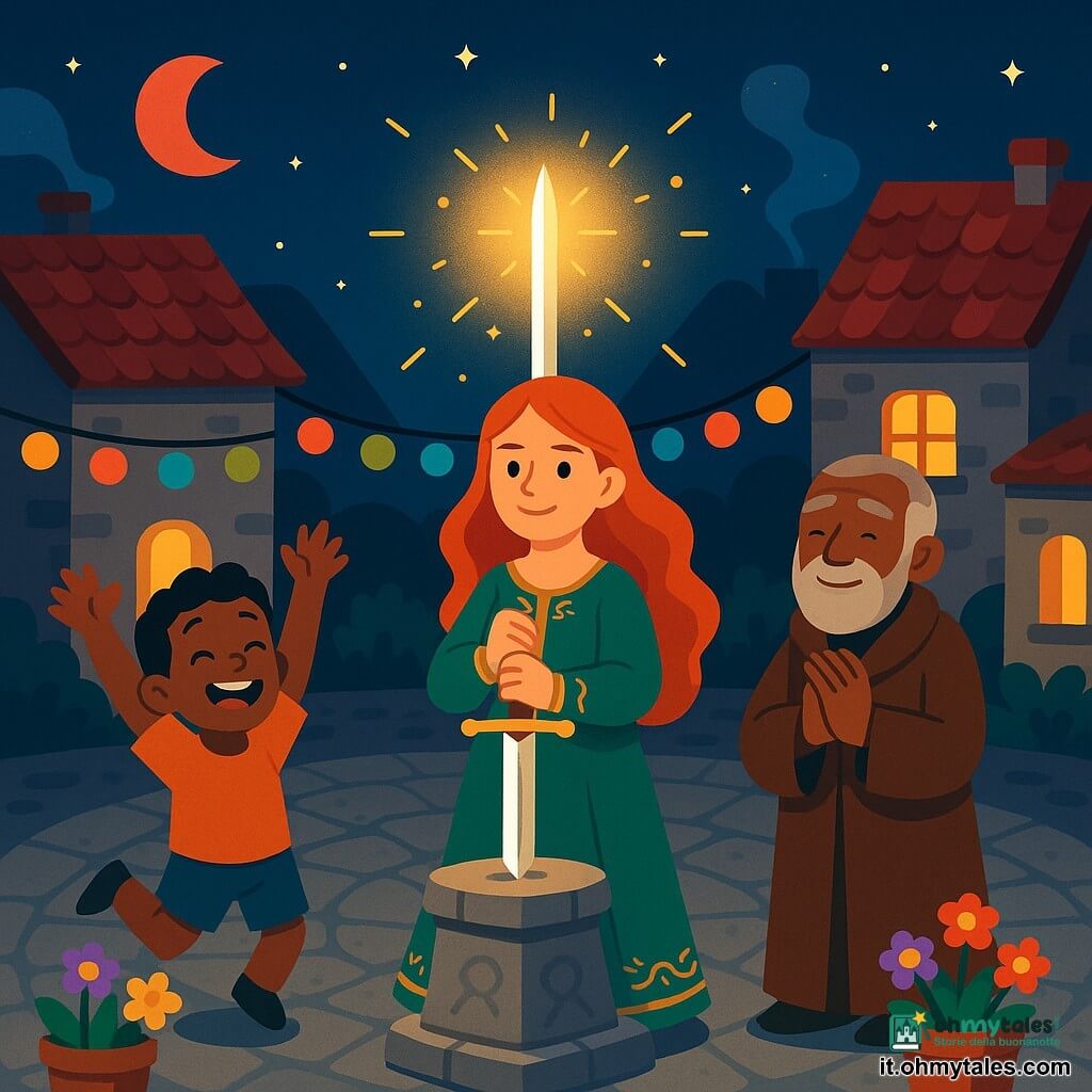 Alinor, maga dal viso dolce e risoluto con lunghi capelli rossi e robe verde ricamata d'oro, pianta una sottile Spada di Luce argentata che emana alone dorato e scintille al centro della piazza; il ragazzo Pio, ~8 anni, capelli castani corti e sorriso raggiante, salta di gioia a sinistra alzando le braccia verso la spada; il Maestro Riven, uomo anziano di ~70 anni con barba grigia curata e mantello marrone, sta a destra con le mani giunte e lo sguardo commosso; piazza del villaggio con ciottoli grigi, case di pietra dai tetti rossi, lanterne colorate e qualche vaso di fiori intorno alla fontana; cielo notturno con luna rosso‑arancio bassa, stelle brillanti e lievi nebbie sui tetti; atmosfera eroica e calda, colori vividi, composizione centrata su Alinor e la spada.