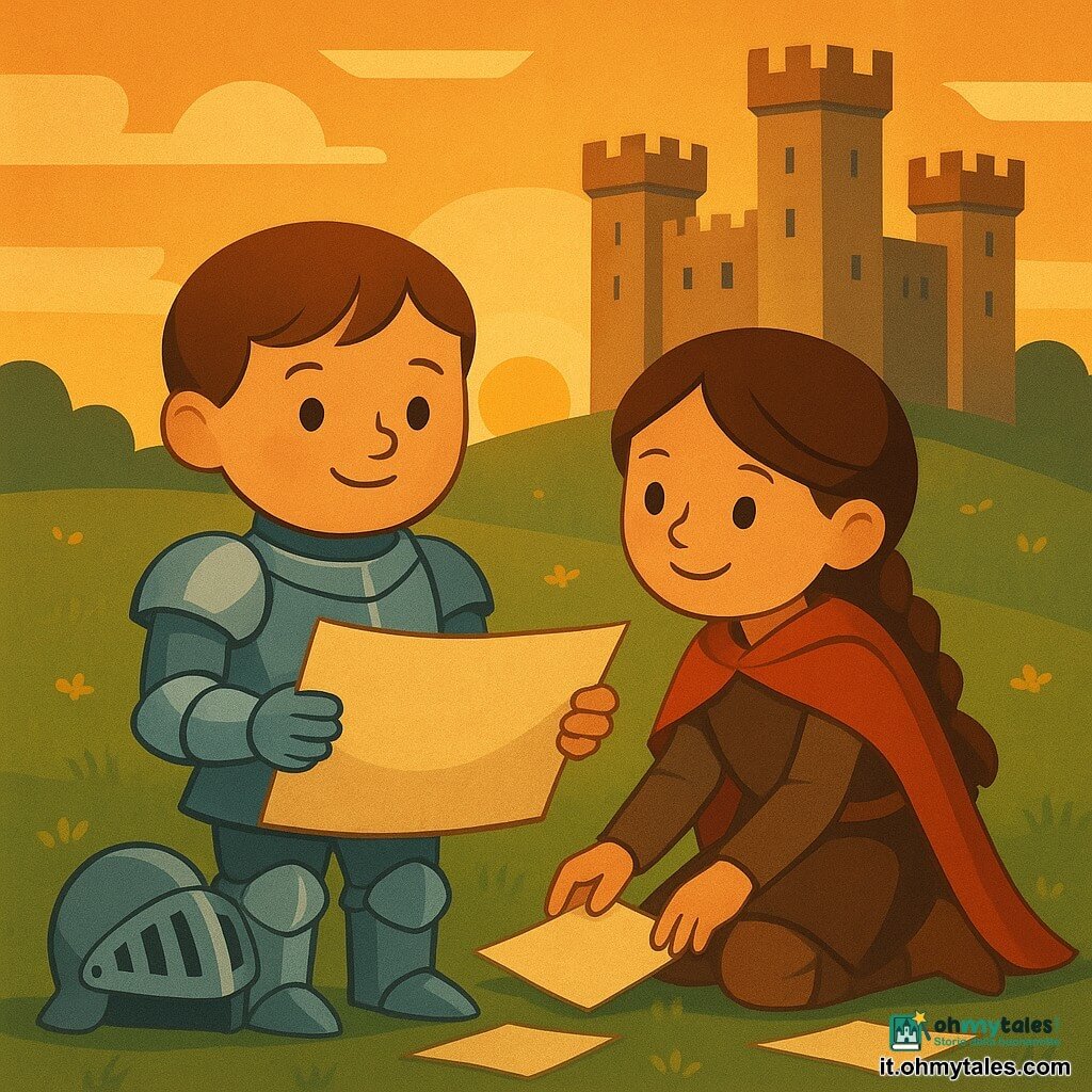 Leo, un piccolo cavaliere dal volto rotondo e sorridente con armatura d'argento lucente e riflessi bluastri e elmo di lato, tiene delicatamente una grande carta secca con espressione fiera e dolce; a destra, Emma, una cavalleressa di circa 8 anni con capelli castani in treccia e mantello rosso corto, si inginocchia e aiuta a tenere le carte con un sorriso complice; siamo in un ampio prato verde ai piedi di un grande castello di pietra, l'erba è cosparsa di piccoli fiori gialli e il sole basso all'orizzonte colora tutto di luce dorata; i due bambini stendono e raccolgono carte piatte che fluttuano leggermente al vento in una scena calma e luminosa al tramonto, con composizione semplice, colori caldi e forme geometriche stilizzate.