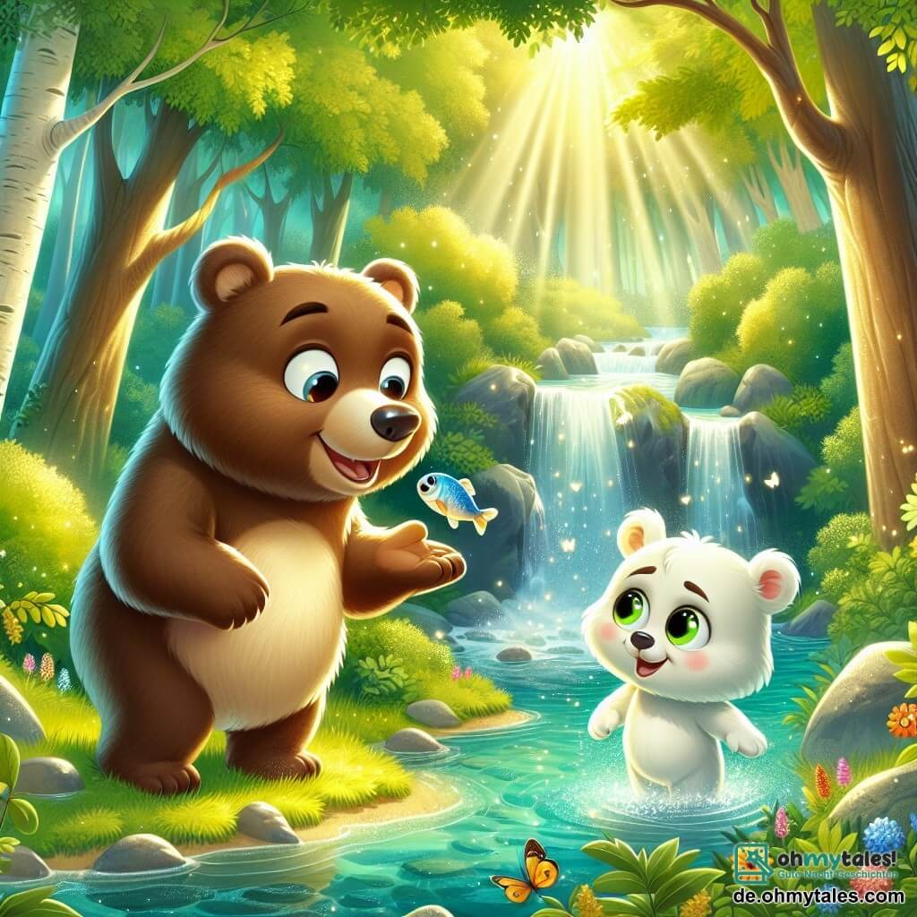 Ein großer Braunbär mit weichem, seidig glänzendem Fell, neugierigen Augen und einem warmen Lächeln steht am Rand eines funkelnden Baches. Er zeigt seinem Freund einen Fisch, der gerade aus dem Wasser gesprungen ist, und seine Miene strahlt vor Freude und Aufregung. Neben ihm beobachtet ein strahlend weißer Bär mit leuchtenden Augen und einem sanften Lächeln aufmerksam den Fisch. Er wirkt ein wenig schüchtern, ist aber glücklich, hier zu sein und diese neue Umgebung zu entdecken. Die Szenerie spielt in einem wunderschönen, grünen Wald, durchflutet von goldenem Sonnenlicht, mit majestätischen Bäumen und kristallklarem Wasser, das zwischen den Felsen hindurchfließt. Bunte Blumen schmücken den Boden und verleihen diesem zauberhaften Bild eine magische Note. Die Hauptsituation zeigt die beiden Bären, Bruno und Mika, die einen Moment der Entdeckung und Freundschaft teilen und somit das Thema Toleranz und Akzeptanz von Unterschieden illustrieren.