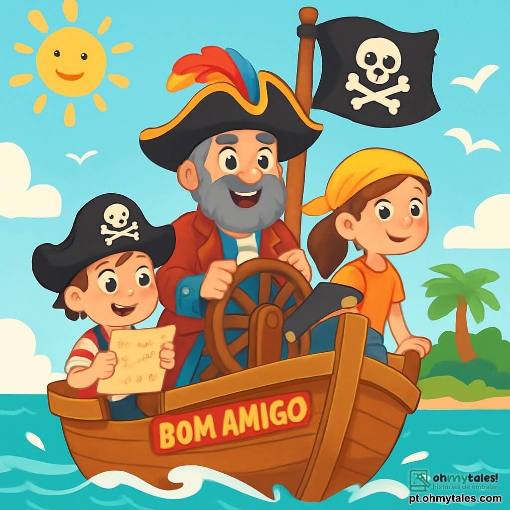 Um homem, o Capitão Tobias, se mantém orgulhoso e sorridente no convés de um velho navio pirata, usando um grande chapéu de pirata adornado com uma pena colorida. Ele tem uma barba grisalha e olhos brilhantes de alegria, segurando um leme de madeira com determinação. Ao seu lado, uma menina chamada Nina, de cerca de 10 anos, com cabelos castanhos trançados e um bandana amarelo, observa o horizonte com um olhar curioso, pronta para a aventura. Um pequeno garoto, Pipo, de 8 anos, com um chapéu de pirata grande demais para ele e um sorriso travesso, segura um pergaminho nas mãos, mostrando o caminho a seguir. O lugar é um magnífico navio pirata, o "Bom Amigo", navegando em um mar turquesa sob um céu ensolarado, com ondas cintilantes e gaivotas voando acima. Ao fundo, vê-se uma ilha verdejante com árvores balançando e palmeiras. A situação principal mostra Tobias e sua equipe de jovens piratas, unidos e entusiasmados, prontos para partir em busca de um tesouro perdido, com risadas e gritos ressoando no ar.