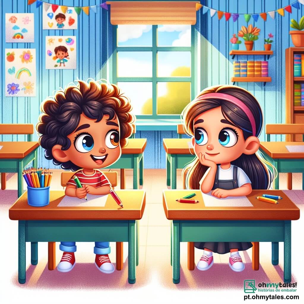 Uma menina de 8 anos, Sofia, com cabelos cacheados e um grande sorriso, está sentada em uma mesa de classe. Ela tem olhos brilhantes de curiosidade e segura um lápis colorido na mão, olhando para sua amiga com uma expressão de surpresa e compreensão. Ao lado dela, Ana, também uma menina de 8 anos, tem cabelos longos e lisos, presos em um rabo de cavalo. Ela parece um pouco nervosa, com um leve sorriso, e olha para Sofia com sinceridade, segurando um lápis vermelho na mão. A cena ocorre em uma sala de aula iluminada, com paredes decoradas com desenhos de crianças e janelas que deixam entrar a luz do sol. As mesas de madeira estão dispostas em fileiras, e livros coloridos estão empilhados em uma estante ao fundo. A situação principal mostra Sofia e Ana conversando, Ana confessando que pegou o lápis vermelho de Sofia sem pedir. A atmosfera é calorosa e amigável, ilustrando a importância da honestidade e da confiança entre amigos.