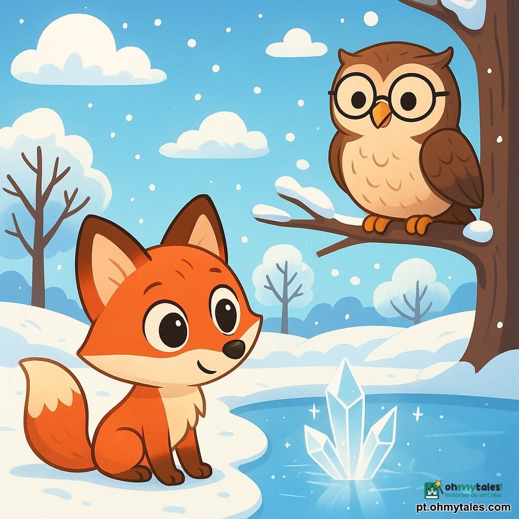 Um pequeno raposo de pelagem ruiva e macia, com grandes olhos brilhantes de curiosidade, está à beira de um lago congelado. Ele observa maravilhado os cristais de gelo cintilantes sob o sol de inverno, com suas patas delicadas sobre a neve fresca. Perto dali, uma velha coruja de penas marrons e brancas, com óculos redondos no nariz, observa o raposo com um sorriso benevolente, empoleirada em um galho. Ela parece sábia e alegre, pronta para compartilhar seus conhecimentos sobre o inverno. A paisagem é encantadora: árvores nuas com galhos cobertos de neve, um céu azul claro salpicado de nuvens fofas e flocos de neve caindo suavemente como penas. A cena principal mostra o raposo descobrindo a beleza do inverno, maravilhado com os reflexos da luz no gelo, enquanto a coruja o encoraja a explorar e fazer perguntas sobre o mundo ao seu redor.