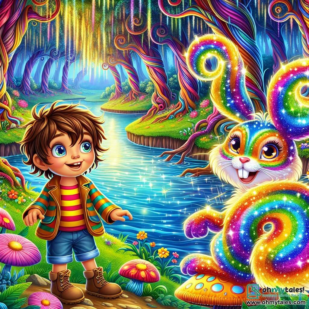 An 8-year-old boy named Oliver, with messy brown hair and sparkling curious eyes, stands at the edge of a shimmering river. He wears a colorful striped shirt and denim shorts, his face radiant with wonder and joy. Beside him is a small magical being named Whimsy, a rabbit with shimmering rainbow-colored fur, joyfully hopping on a giant mushroom, its eyes gleaming with mischief. The setting is an enchanted forest, with spiraled tree trunks and multicolored leaves reaching toward the sky, while bright flowers illuminate the ground. The river, with its shimmering reflections, winds through the landscape, creating a magical and peaceful atmosphere. The scene captures the moment when Oliver and Whimsy discover the beauty of the reflective river, amazed by the colors dancing on the water's surface, symbolizing the magic of imagination and discovery.
