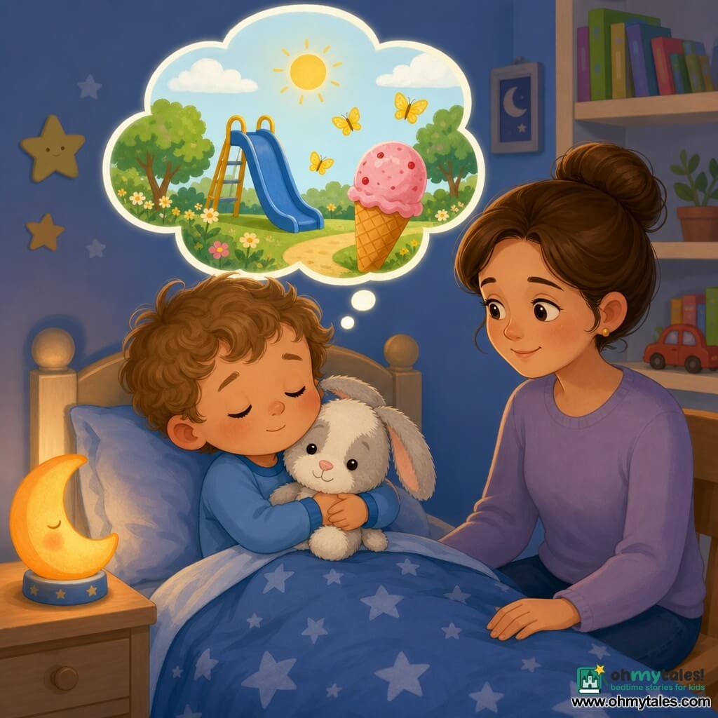 A 4-year-old boy with a round face and light brown curly hair, large moist eyes and a worried yet calm expression, sits in bed clutching his gray-and-white Bunny plush against his chest; his mother, about 30 with brown hair in a bun, smiles gently and rests a protective hand on the bed edge while seated nearby; the small, warm bedroom has pastel blue walls, shelves with colorful books and a small red toy car, a star-patterned blanket and a moon-shaped nightlight casting soft orange light; the boy breathes calmly with half-closed eyes and a thought bubble above him shows a sunny park with a blue slide, pink strawberry ice cream and yellow butterflies, contrasting the dim room.