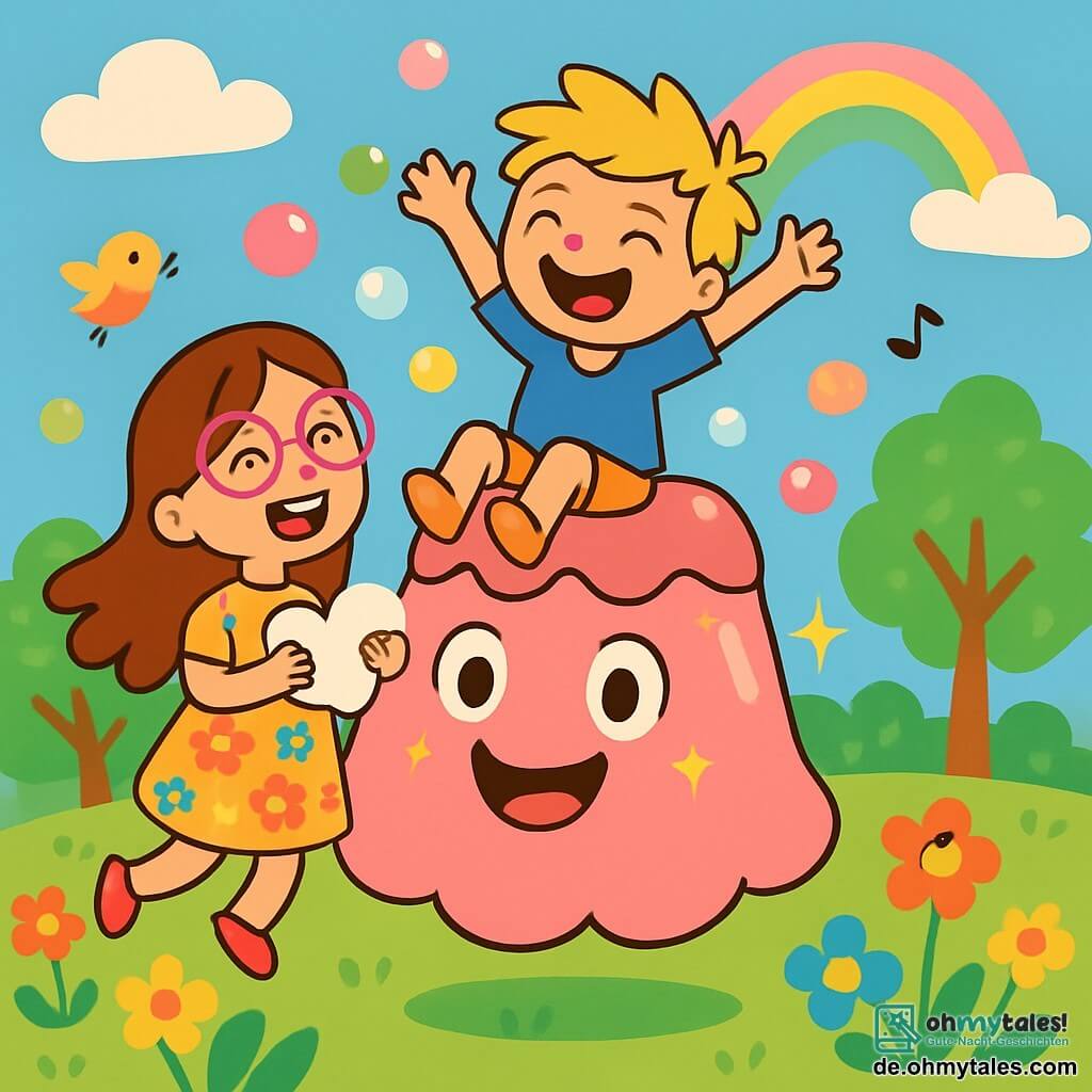 Es gibt 3 Charaktere: - Lina: ein 7-jähriges Mädchen mit langen braunen Haaren und rosa Brille. Sie trägt ein Blumenkleid und lächelt fröhlich, während sie eine herzförmige Wolke hält. - Max: ein 6-jähriger Junge mit zerzausten blonden Haaren und einem blauen T-Shirt. Er lacht laut, mit erhobenen Armen, während er auf Paule Pudding schwebt. - Paule Pudding: ein großer rosa Pudding mit runden Augen und einem breiten Lächeln. Er schwebt in der Luft, umgeben von kleinen funkelnden Sternen. Der Ort ist ein sonniger Garten, gefüllt mit bunten Blumen und grünen Bäumen. Der Himmel ist blau mit ein paar flauschigen Wolken, und ein großer Regenbogen leuchtet in der Ferne. Die Hauptsituation zeigt Lina und Max, die fröhlich auf Paule Pudding fliegen, zusammen lachen, während sie in der Luft schweben, umgeben von bunten Blasen und kleinen Vögeln, die singen.