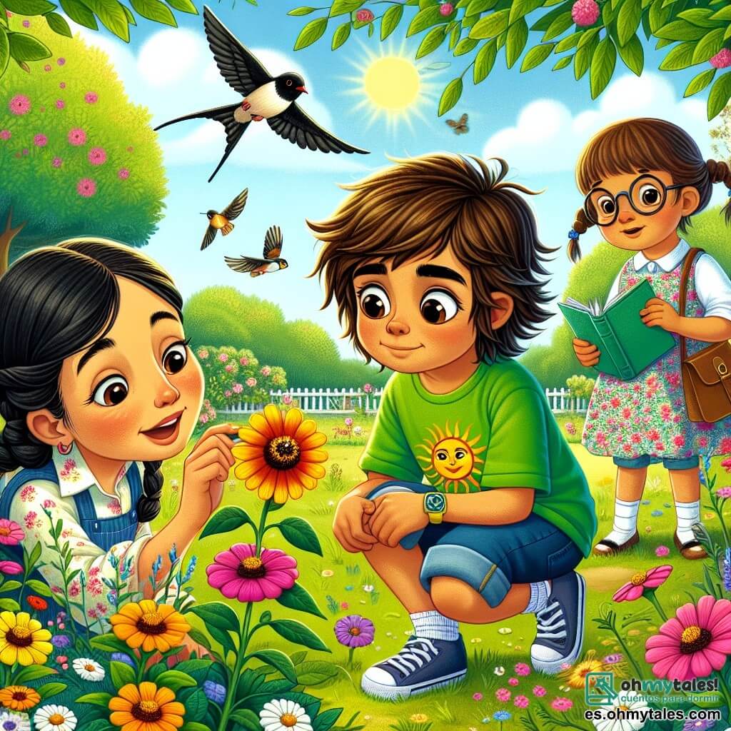 Un niño de 8 años, llamado Javier, está en el centro de la imagen, con una gran sonrisa en su rostro. Tiene el cabello castaño despeinado, ojos brillantes de curiosidad y lleva una camiseta verde brillante con un diseño de sol y un pantalón corto de mezclilla. Javier está agachado, observando maravillado a una pequeña abeja que poliniza una flor colorida. A su lado, una niña de 8 años, Luisa, tiene el cabello negro largo trenzado y lleva un vestido de flores. Está señalando una golondrina que vuela sobre ellos, con una expresión fascinada. Un poco más lejos, la maestra, la señorita López, una mujer de unos treinta años con gafas y cabello castaño recogido en un moño, sonríe al observarlos, sosteniendo un cuaderno de bocetos. El lugar es un jardín escolar en plena floración, con árboles verdes, flores multicolores bajo el sol radiante y un cielo azul claro con algunas nubes blancas. La escena muestra a Javier y Luisa explorando la belleza de la naturaleza en primavera, rodeados de vida renaciente, mientras la señorita López los anima a observar y aprender.