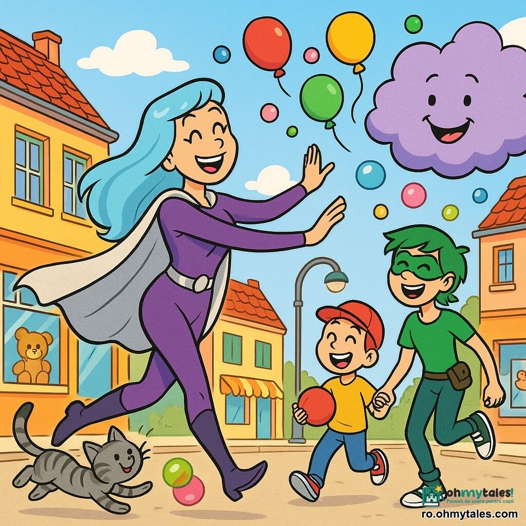 Super-Luna, o femeie radiantă și zâmbitoare cu păr lung albastru deschis strălucitor, pelerină argintie plutitoare și costum violet mulat, dansează grațios pe stradă pentru a liniști Norul Poznaș; Zâmbet-Rapid, o adolescentă de circa 15 ani cu păr scurt verde și mască ușoară, ține de mână un copil și râde urmând pașii Super-Lunei; un băiat de 7 ani cu șapcă roșie ține o minge mică și privește uimit spre un acoperiș apropiat; Gogo, o pisicuță tigrată gri, sare către o bulă colorată lângă picioarele Super-Lunei; scena are loc într-o stradă de oraș colorată cu fațade pastel, felinare rotunjite, vitrine cu desene copilărești și acoperișuri cu țiglă roșie, cerul fiind parțial acoperit de un nor rotund și pufos violet care zâmbește; situația principală: Super-Luna și Zâmbet-Rapid dansează vesele în jurul Norului Poznaș pentru a-l învăța să nu mai facă ceață, norul scoate baloane și bule multicolore care plutesc peste copiii uimiți; stil grafic: culori vii, contururi clare, expresii exagerate și prietenoase, compoziție clară și lizibilă pentru public de 4 ani.