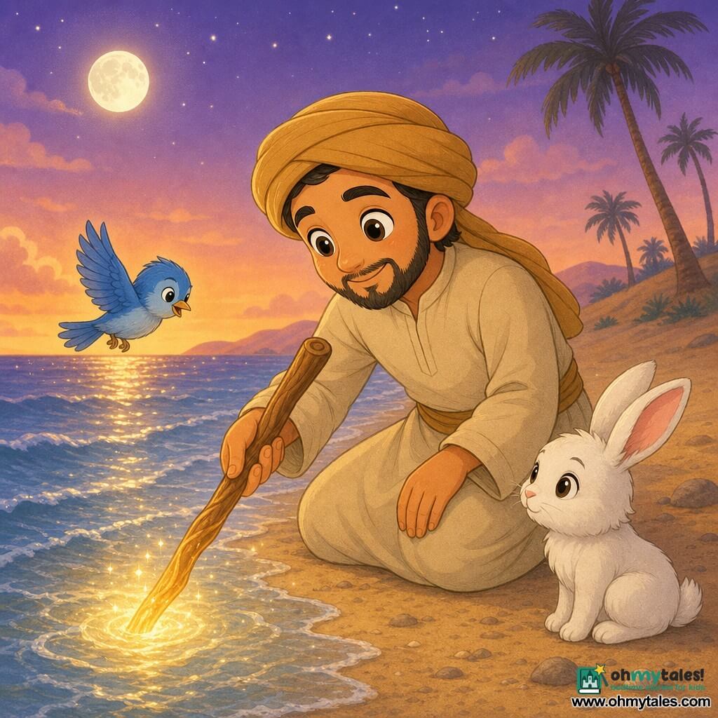 A man named Aziz, serene and moved, kneels at the water's edge in a sand-colored tunic and ochre turban, gently placing a polished wooden staff into the sea as a warm glow emanates from it; a sapphire-blue bird hovers above the staff and a white rabbit sits on the shore to his right, on a golden beach at violet-orange twilight with silver waves and a calm, gentle atmosphere.
