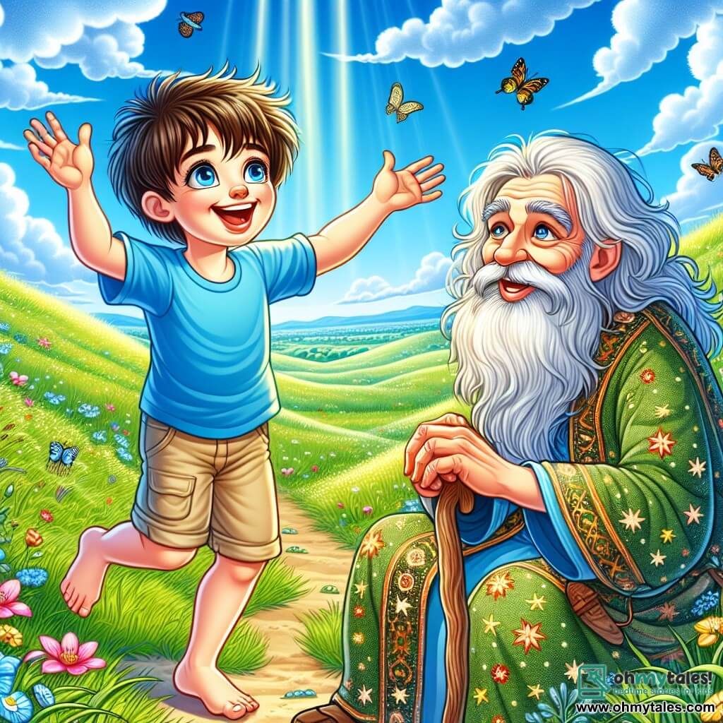 A 12-year-old boy with messy brown hair and sparkling curious eyes stands in the center of a beautiful green meadow. His face shows wonder and excitement, with a wide smile lighting up his face. He wears a bright blue t-shirt and beige shorts, his bare feet touching the soft grass. Next to him, an elderly man named Sage, with a long silver beard and wise eyes, sits on a rock. He wears a robe embroidered with star patterns and watches the boy with a kind smile, holding a wooden walking stick. The setting is a sunny meadow filled with colorful flowers and butterflies fluttering around them. In the background, gentle hills rise under a bright blue sky with a few fluffy clouds lazily floating by. The main scene shows the boy asking Sage a question, his arms slightly raised as if seeking answers from the vast sky. Sage, looking thoughtful, seems ready to share his wisdom, creating an atmosphere of discovery and learning.